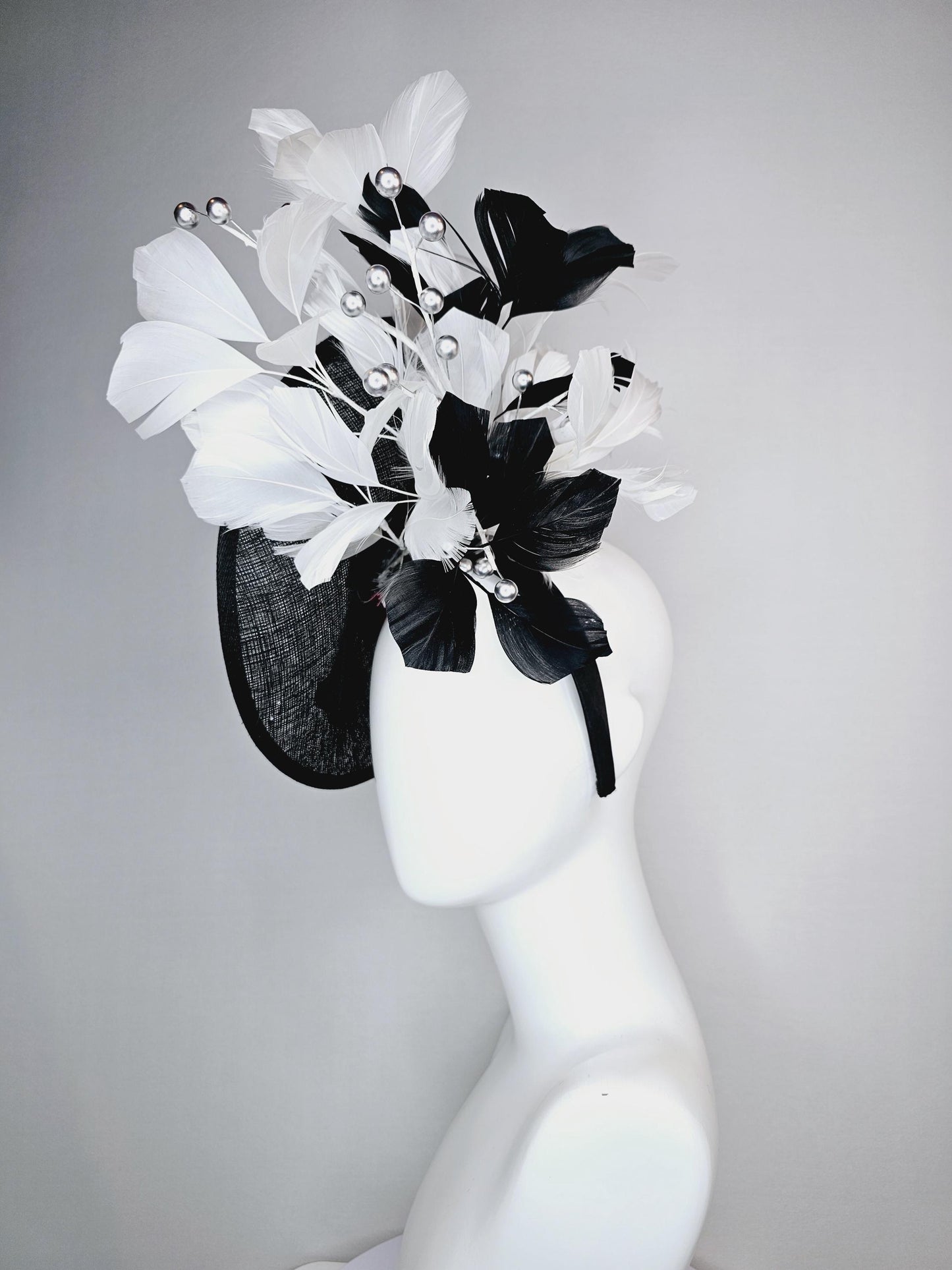 kentucky derby hat fascinator black sinamay sauce with black gold silver red blue green crystals and sequins beaded and black white feathers