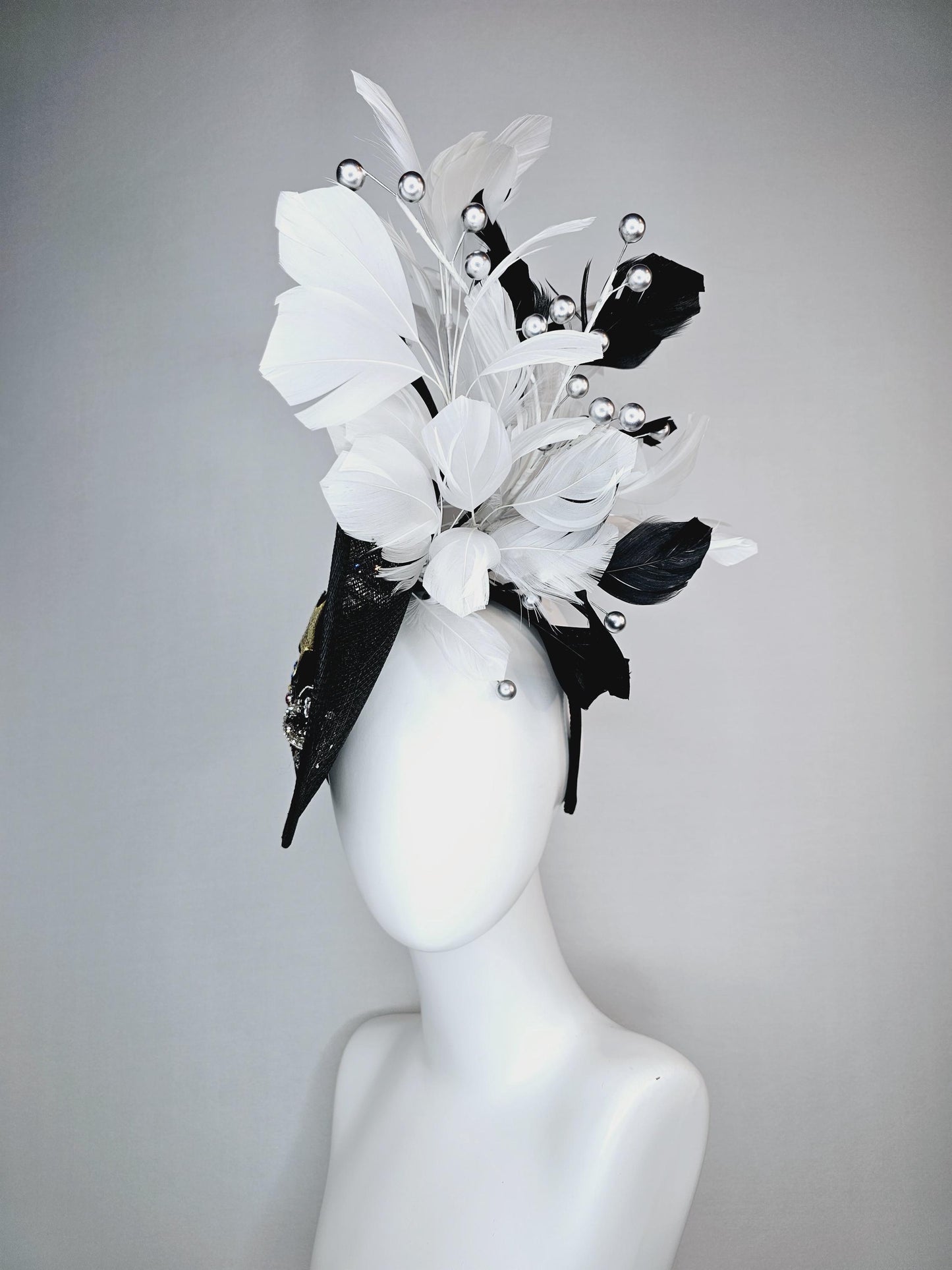 kentucky derby hat fascinator black sinamay sauce with black gold silver red blue green crystals and sequins beaded and black white feathers