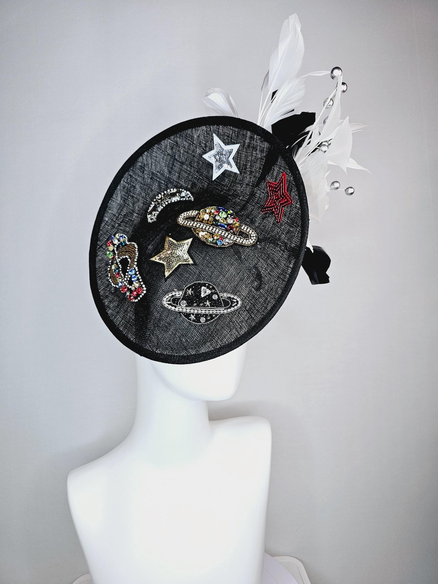 kentucky derby hat fascinator black sinamay sauce with black gold silver red blue green crystals and sequins beaded and black white feathers