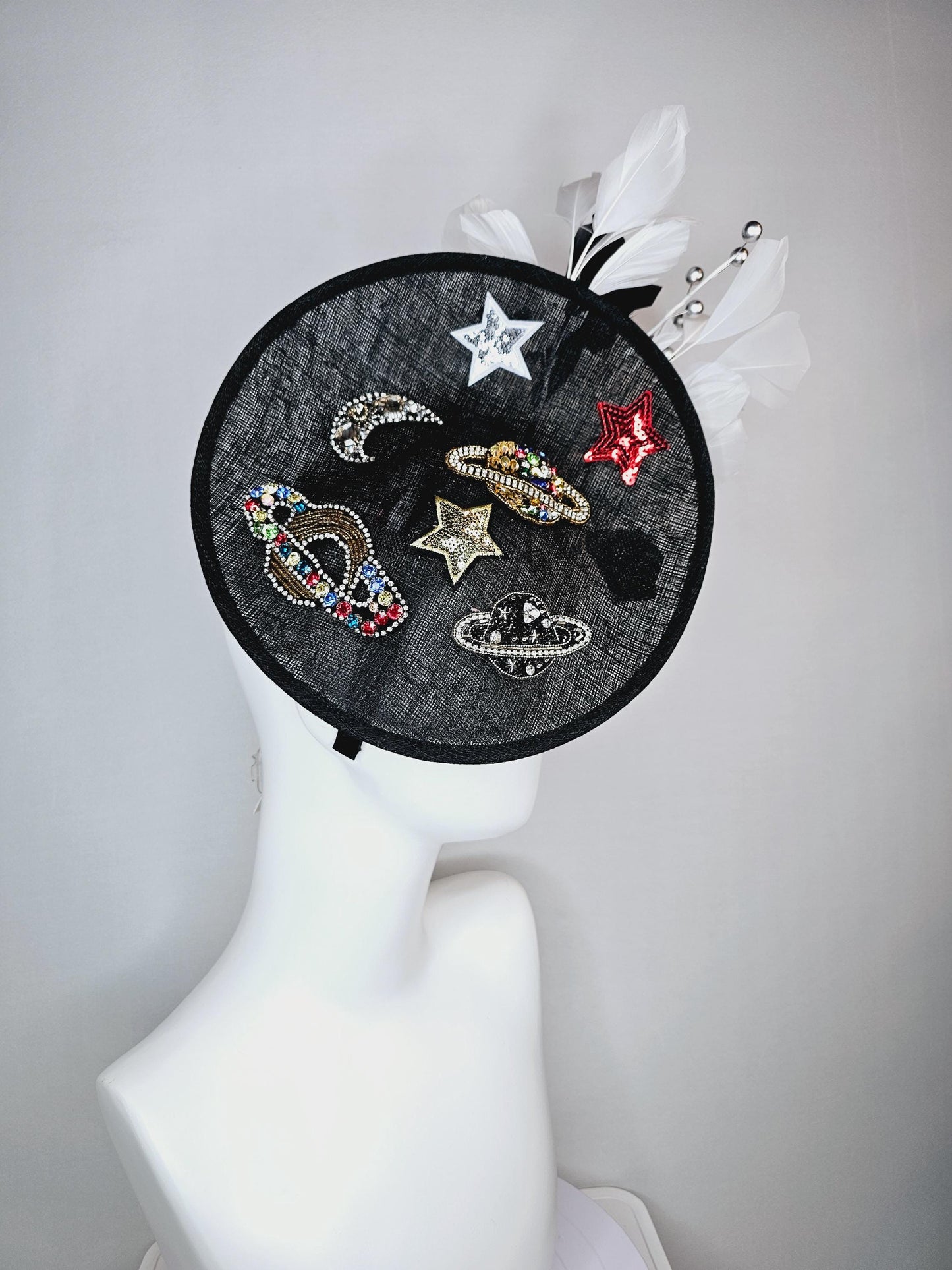 kentucky derby hat fascinator black sinamay sauce with black gold silver red blue green crystals and sequins beaded and black white feathers