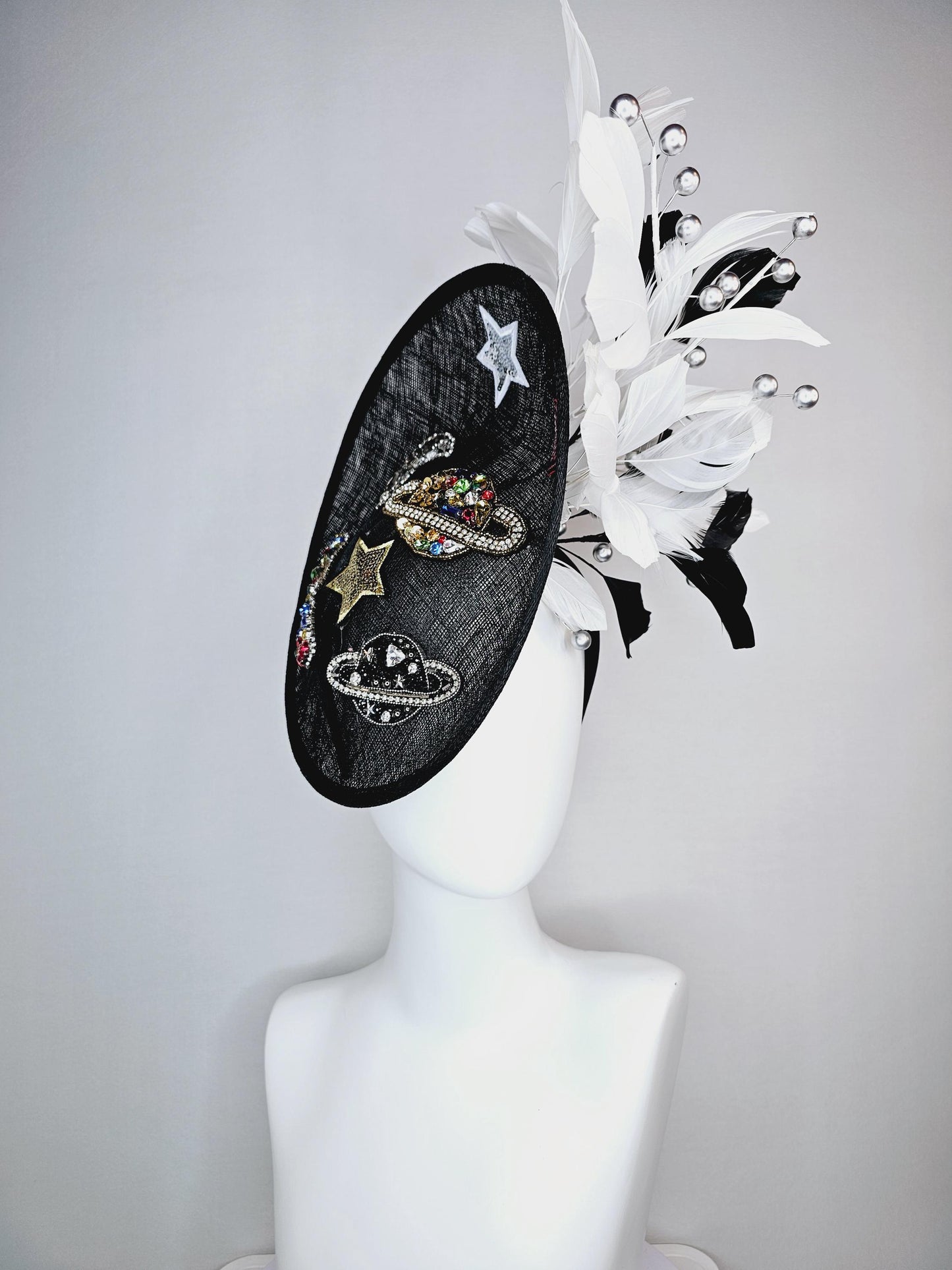 kentucky derby hat fascinator black sinamay sauce with black gold silver red blue green crystals and sequins beaded and black white feathers