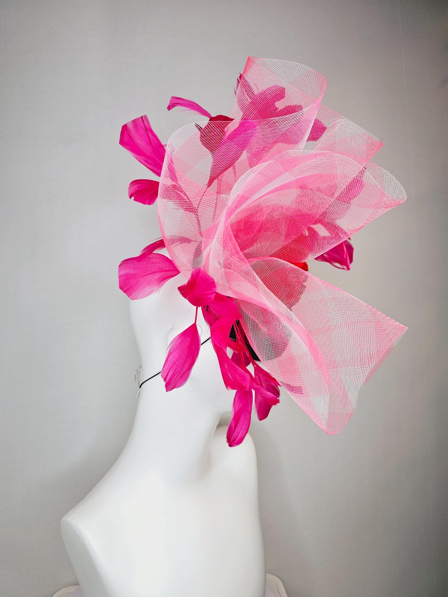 kentucky derby hat fascinator black satin with netting red satin roses pink white gingham crinoline ruffle with hot pink branching feathers