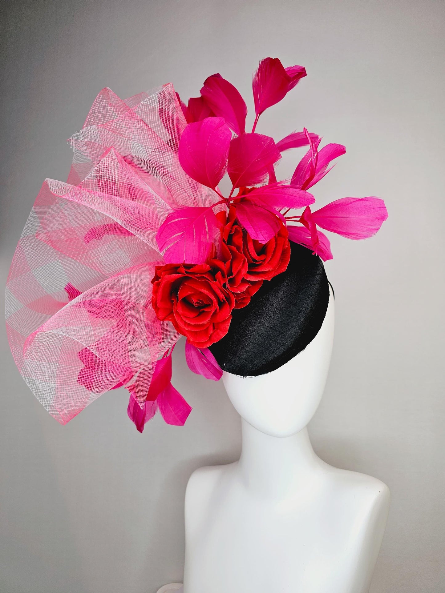 kentucky derby hat fascinator black satin with netting red satin roses pink white gingham crinoline ruffle with hot pink branching feathers