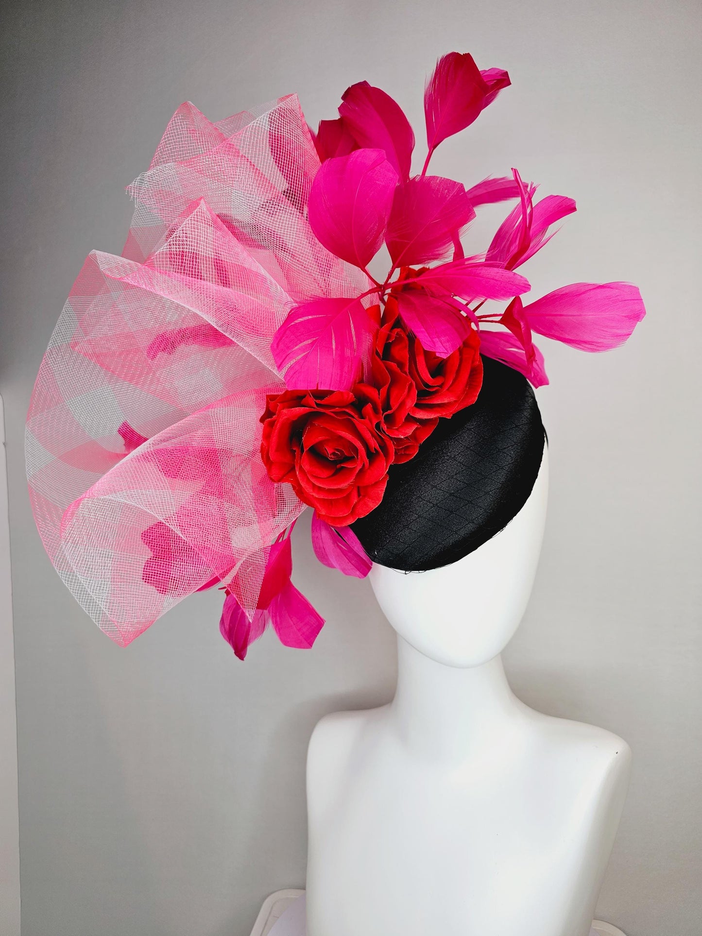 kentucky derby hat fascinator black satin with netting red satin roses pink white gingham crinoline ruffle with hot pink branching feathers