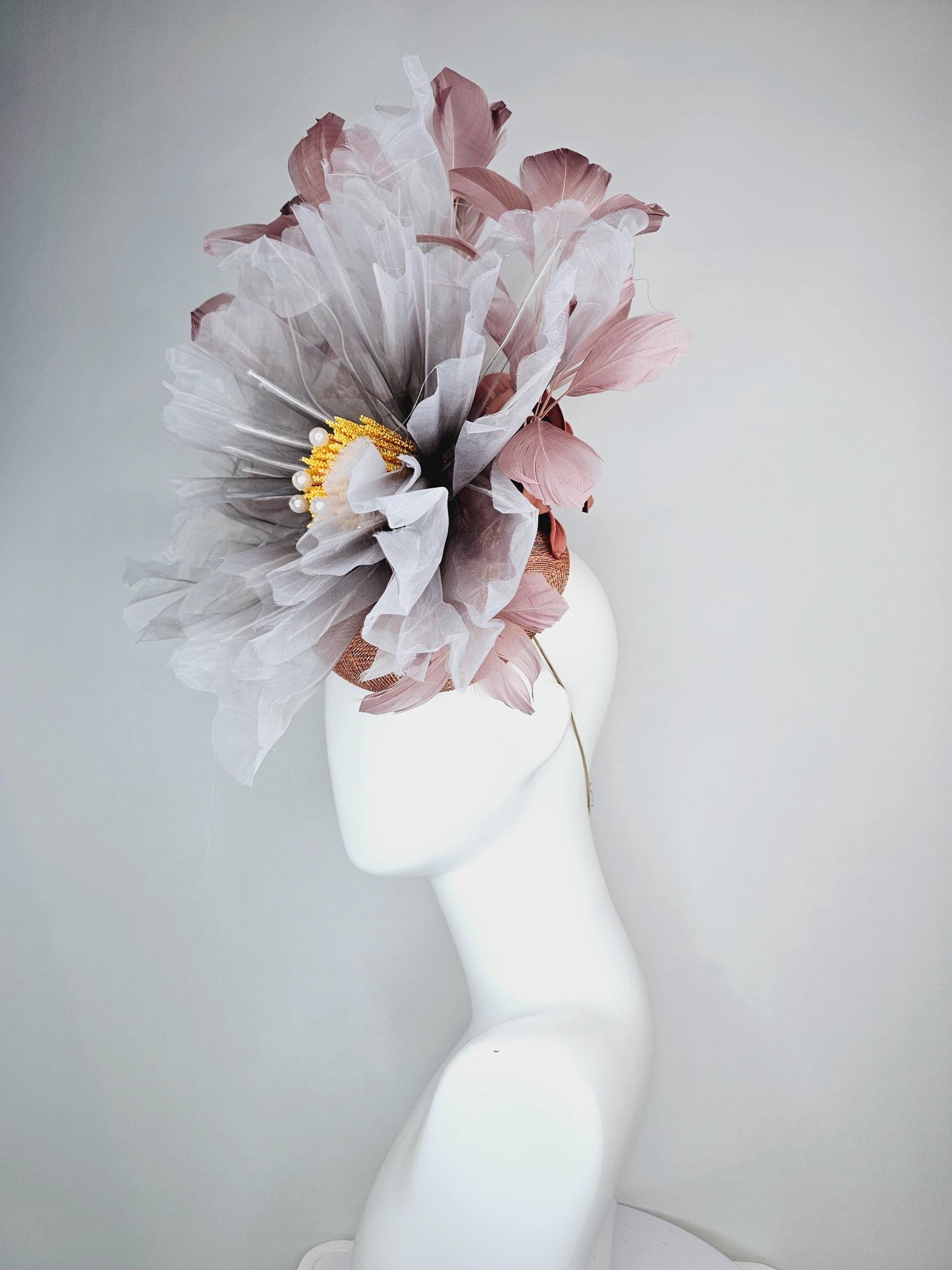 kentucky derby fascinator dusty champagne pink sinamay with very large ombre gray organza flower and taupe dusty pink branching feathers