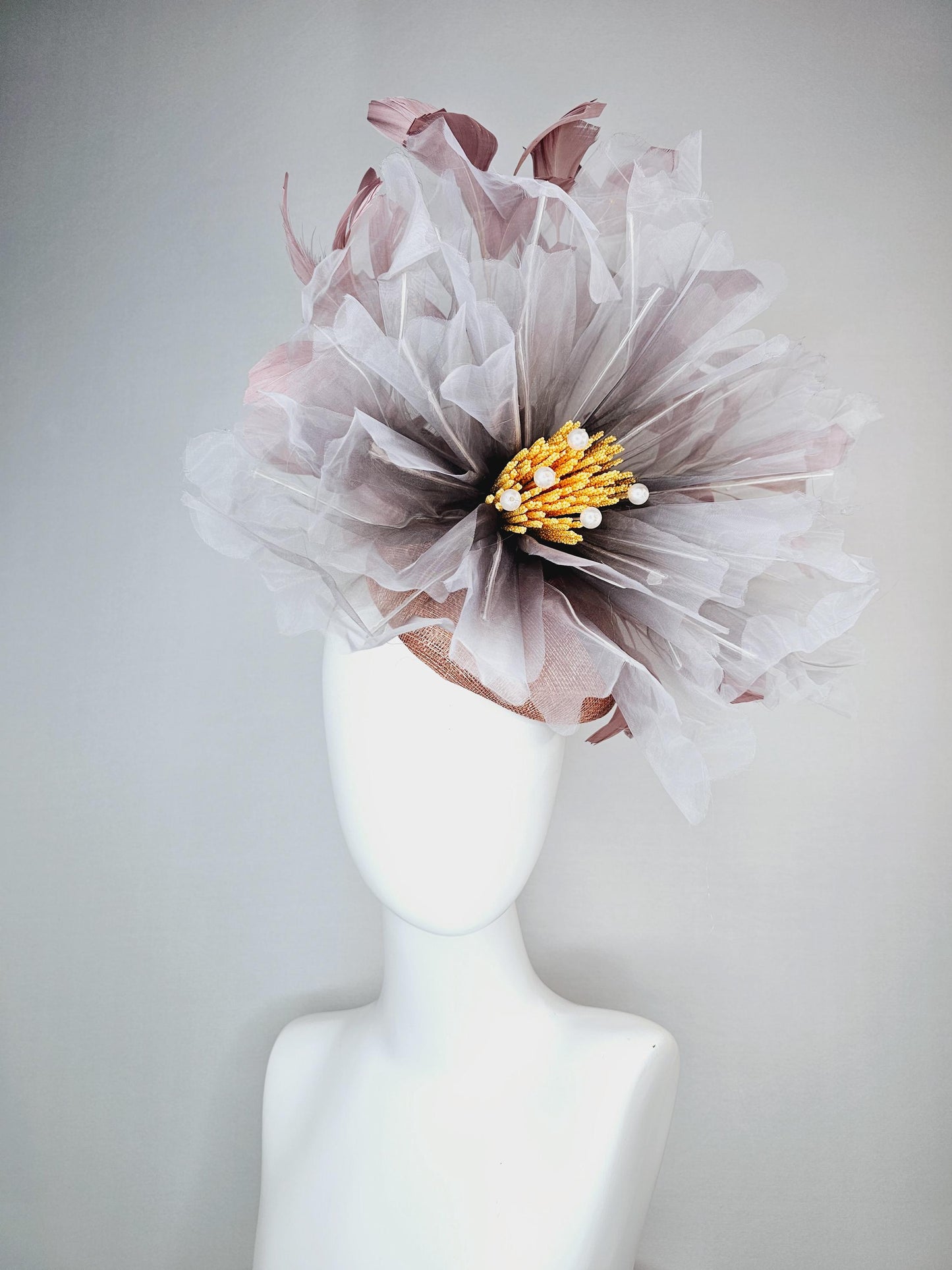 kentucky derby fascinator dusty champagne pink sinamay with very large ombre gray organza flower and taupe dusty pink branching feathers