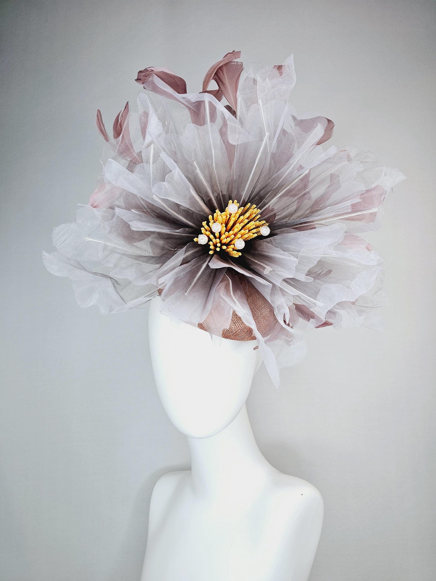 kentucky derby fascinator dusty champagne pink sinamay with very large ombre gray organza flower and taupe dusty pink branching feathers