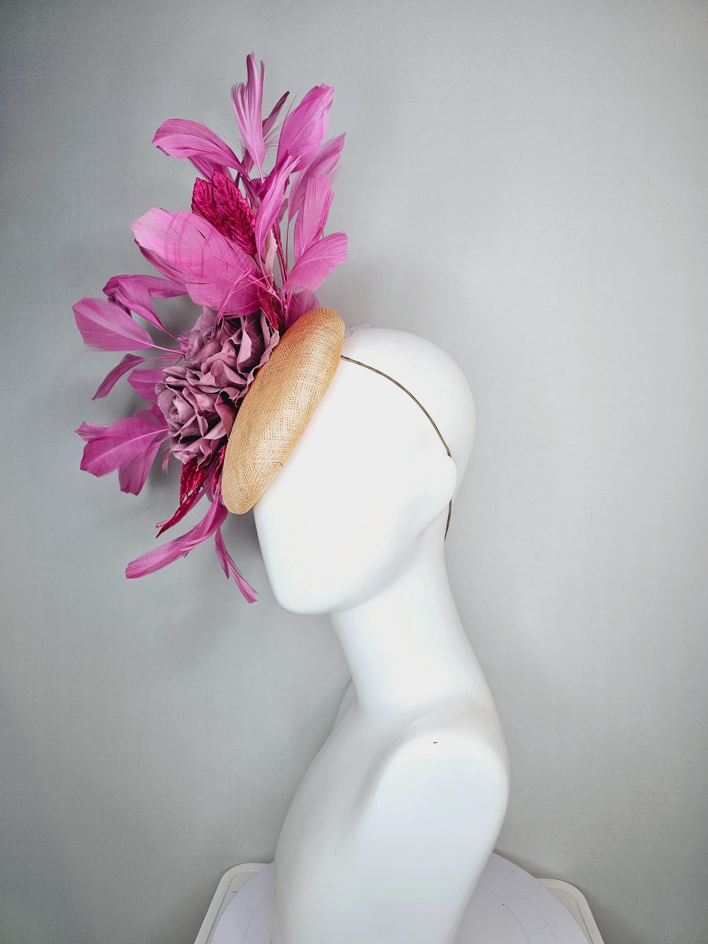 kentucky derby hat fascinator champagne beige sinamay with lilac pink satin roses hot pink leaves and lilac pink branching feathers