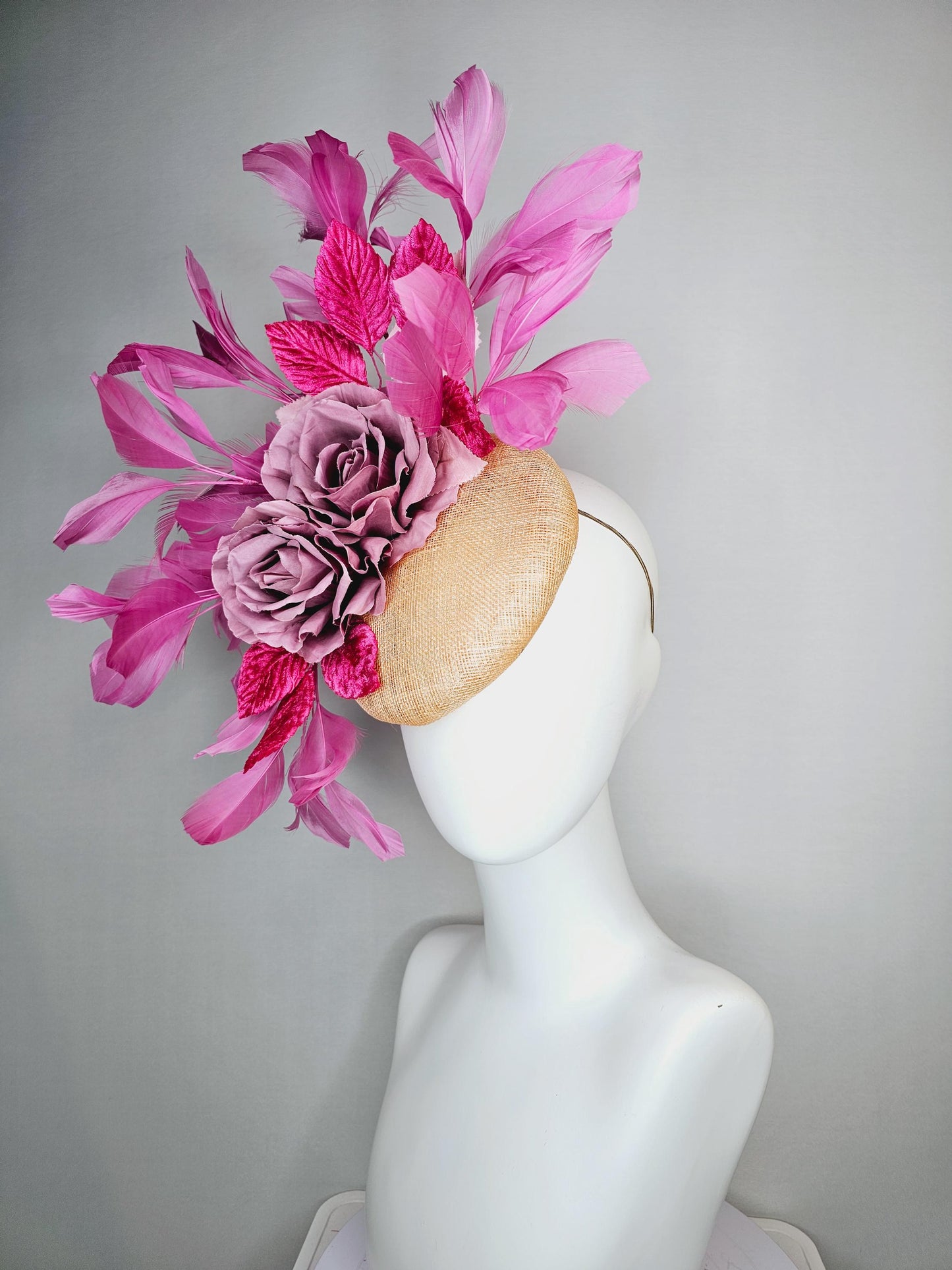 kentucky derby hat fascinator champagne beige sinamay with lilac pink satin roses hot pink leaves and lilac pink branching feathers