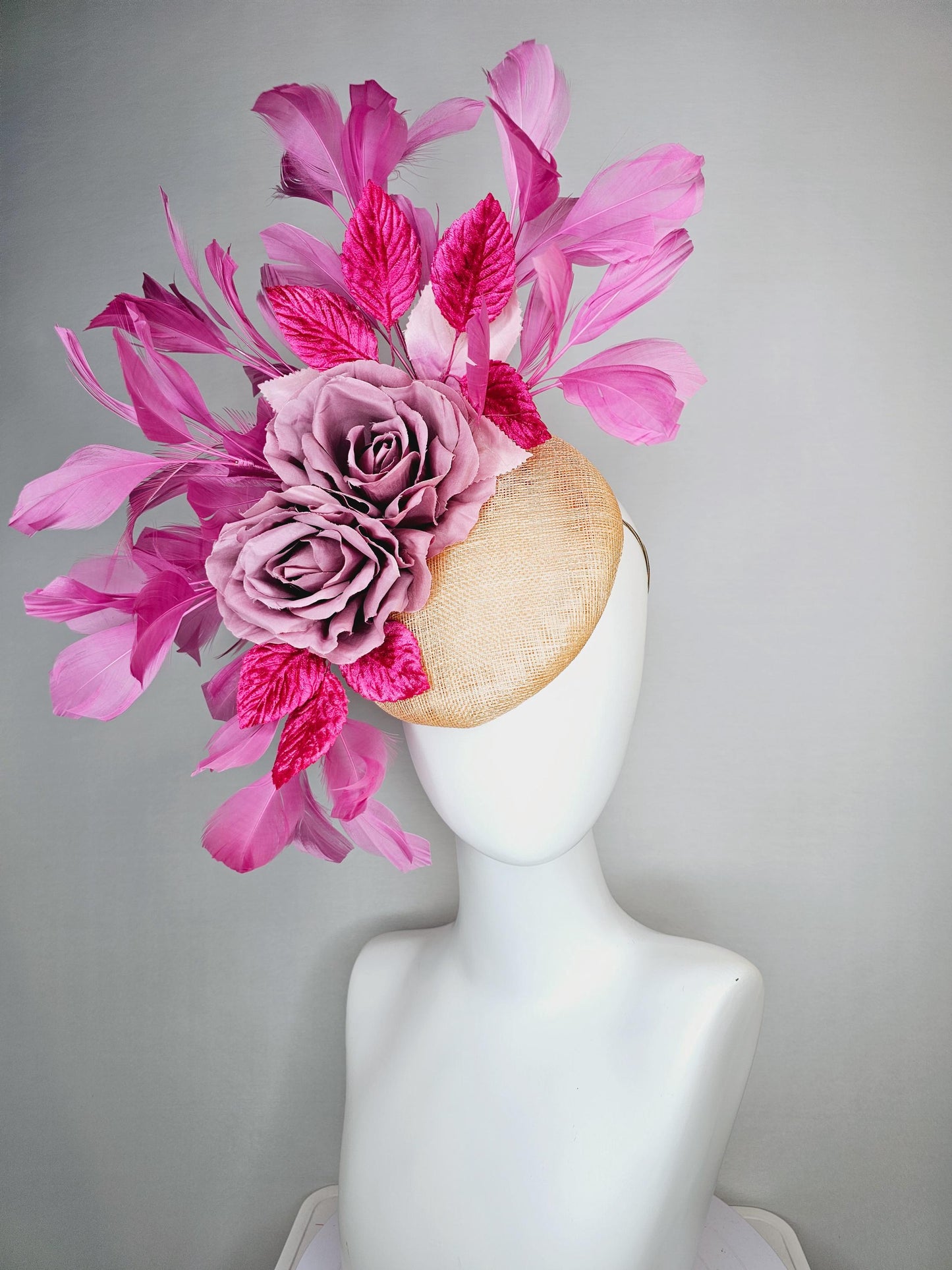 kentucky derby hat fascinator champagne beige sinamay with lilac pink satin roses hot pink leaves and lilac pink branching feathers