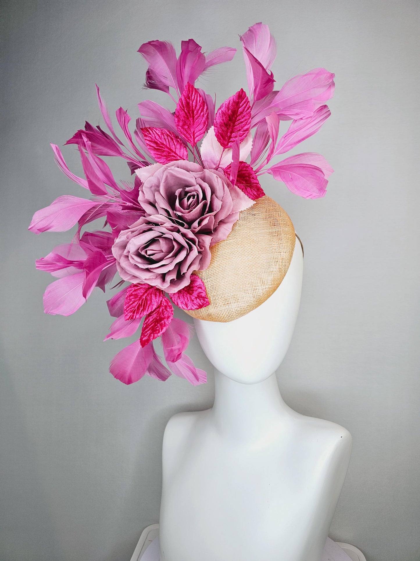 kentucky derby hat fascinator champagne beige sinamay with lilac pink satin roses hot pink leaves and lilac pink branching feathers