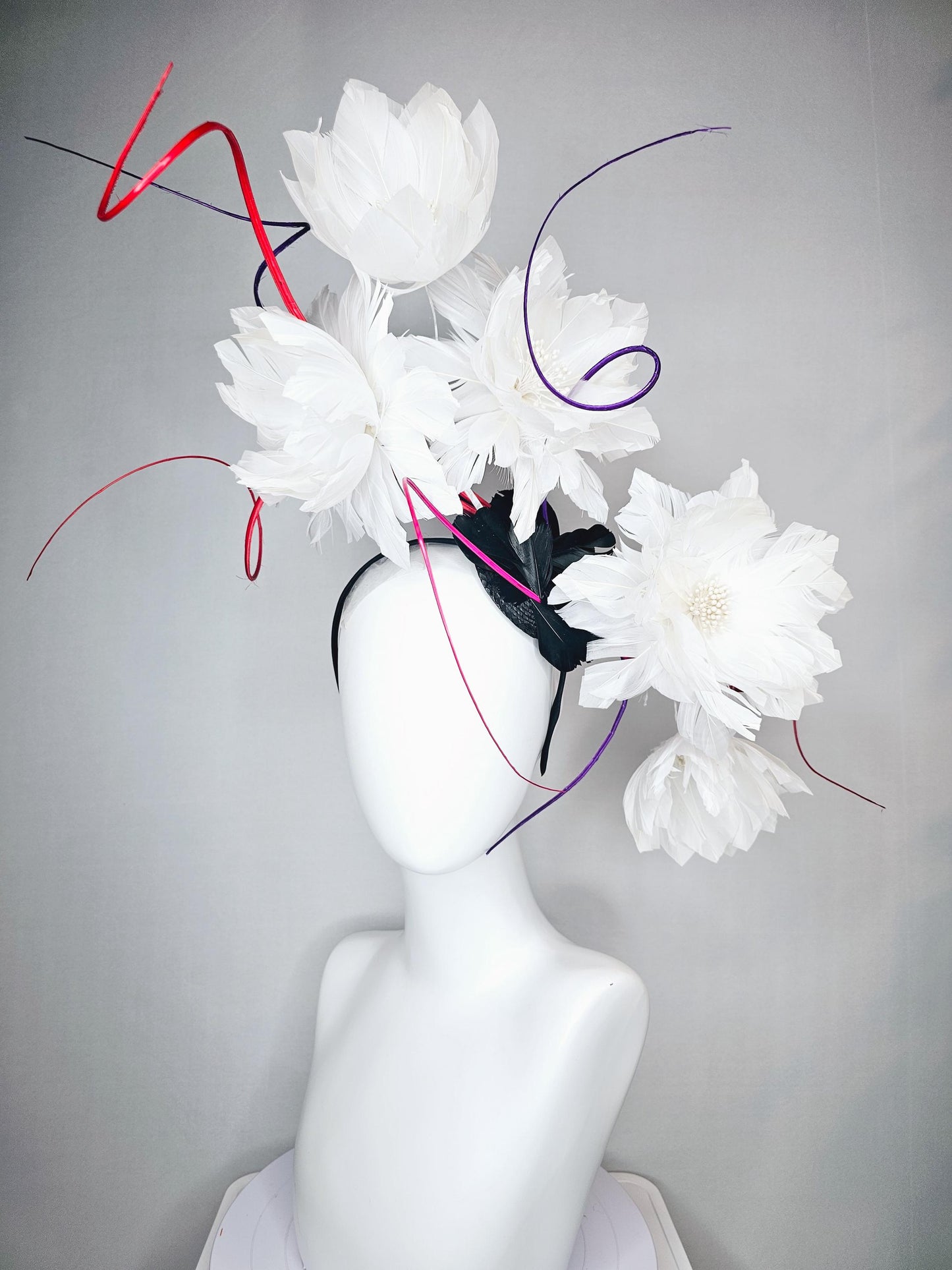 kentucky derby hat fascinator white large fluffy flowers with small black base and large curles purple red pink quills