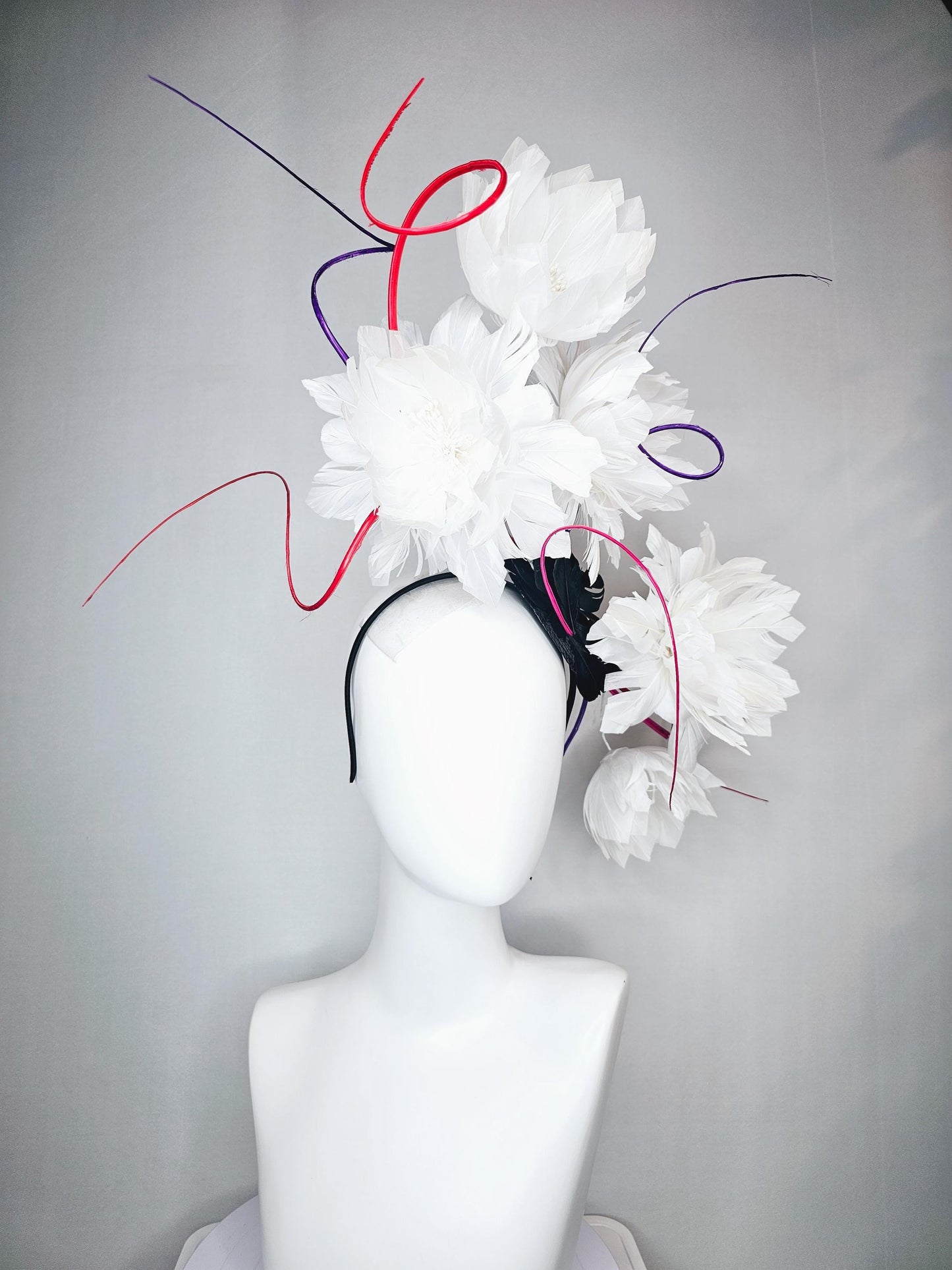 kentucky derby hat fascinator white large fluffy flowers with small black base and large curles purple red pink quills
