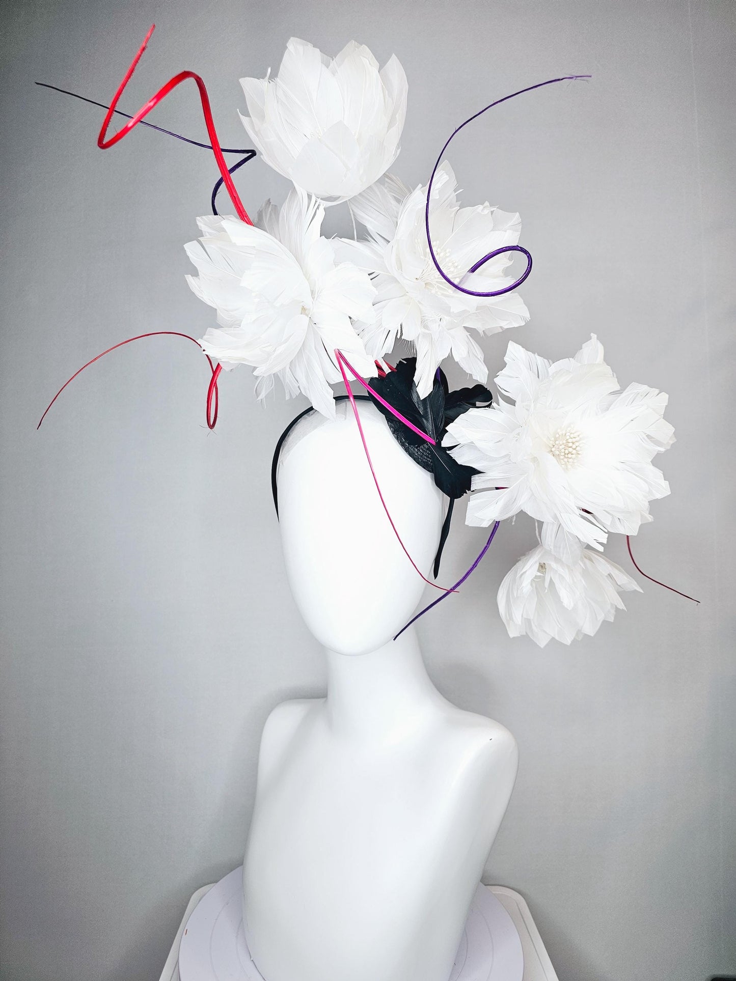 kentucky derby hat fascinator white large fluffy flowers with small black base and large curles purple red pink quills