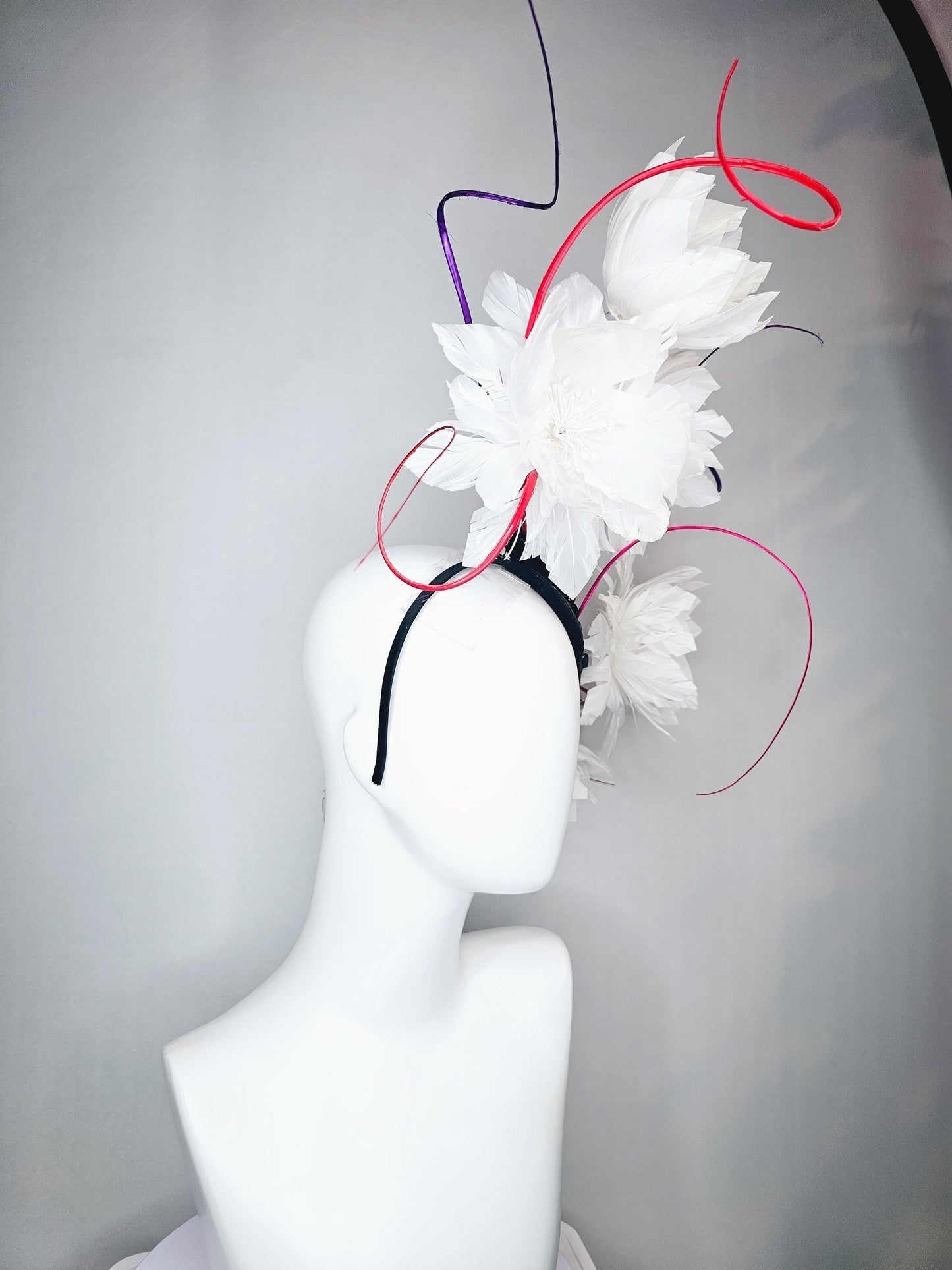 kentucky derby hat fascinator white large fluffy flowers with small black base and large curles purple red pink quills