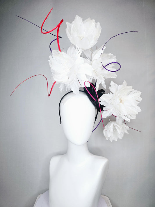 kentucky derby hat fascinator white large fluffy flowers with small black base and large curles purple red pink quills