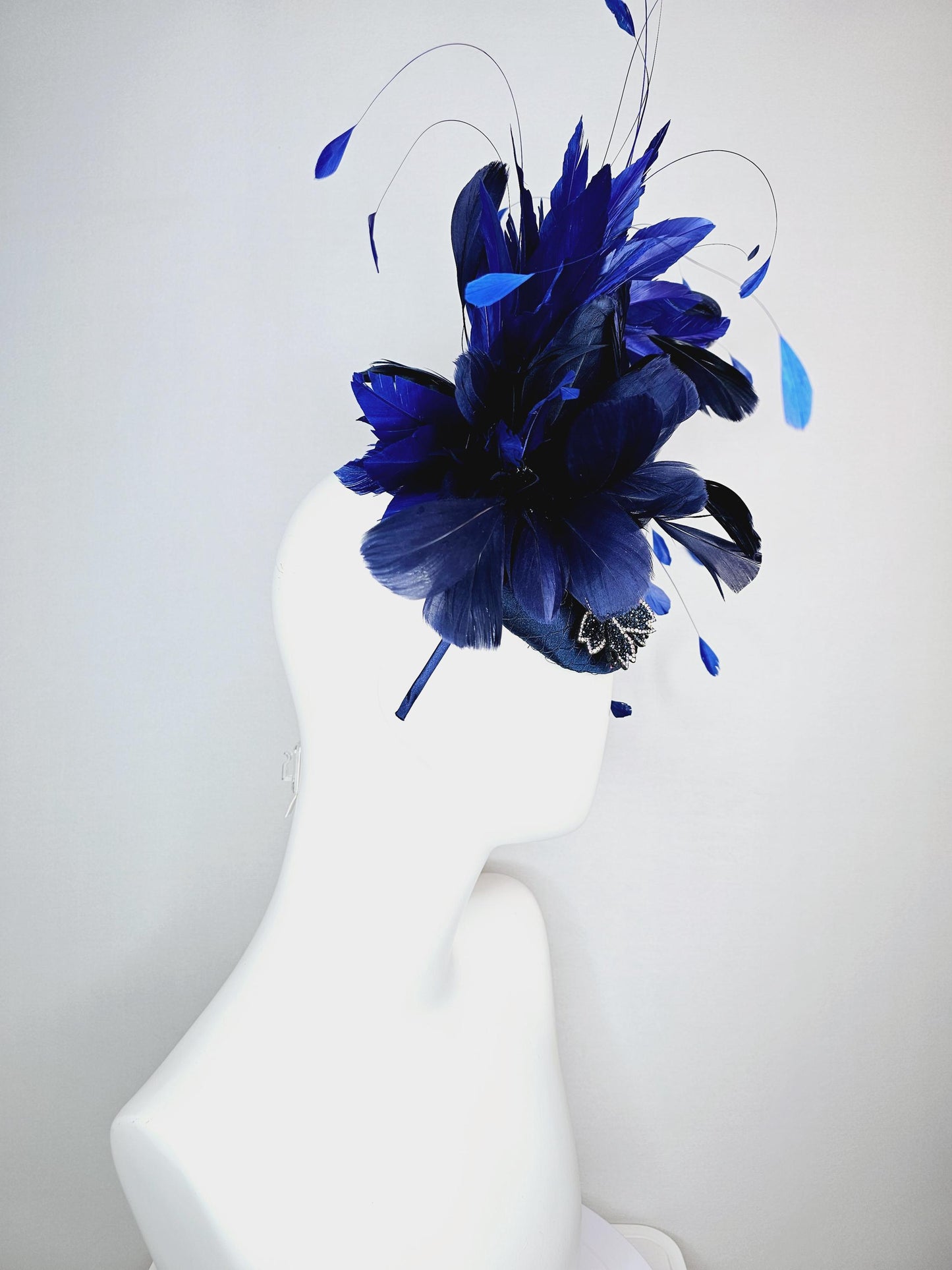 kentucky derby hat fascinator royal blue satin with netting navy blue crystal flowers embroidered navy and cobalt blue branching feathers