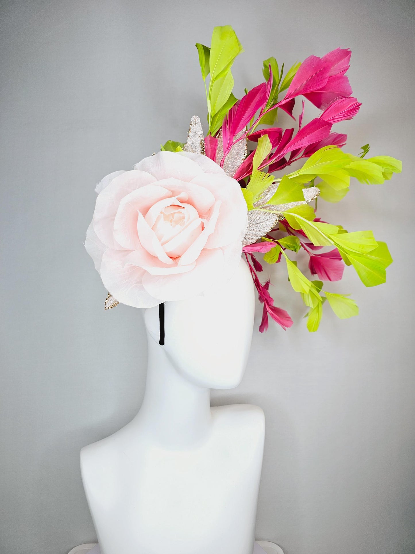 kentucky derby hat fascinator light baby pink satin rose flower with gold leaves and lime green hot pink branching feathers