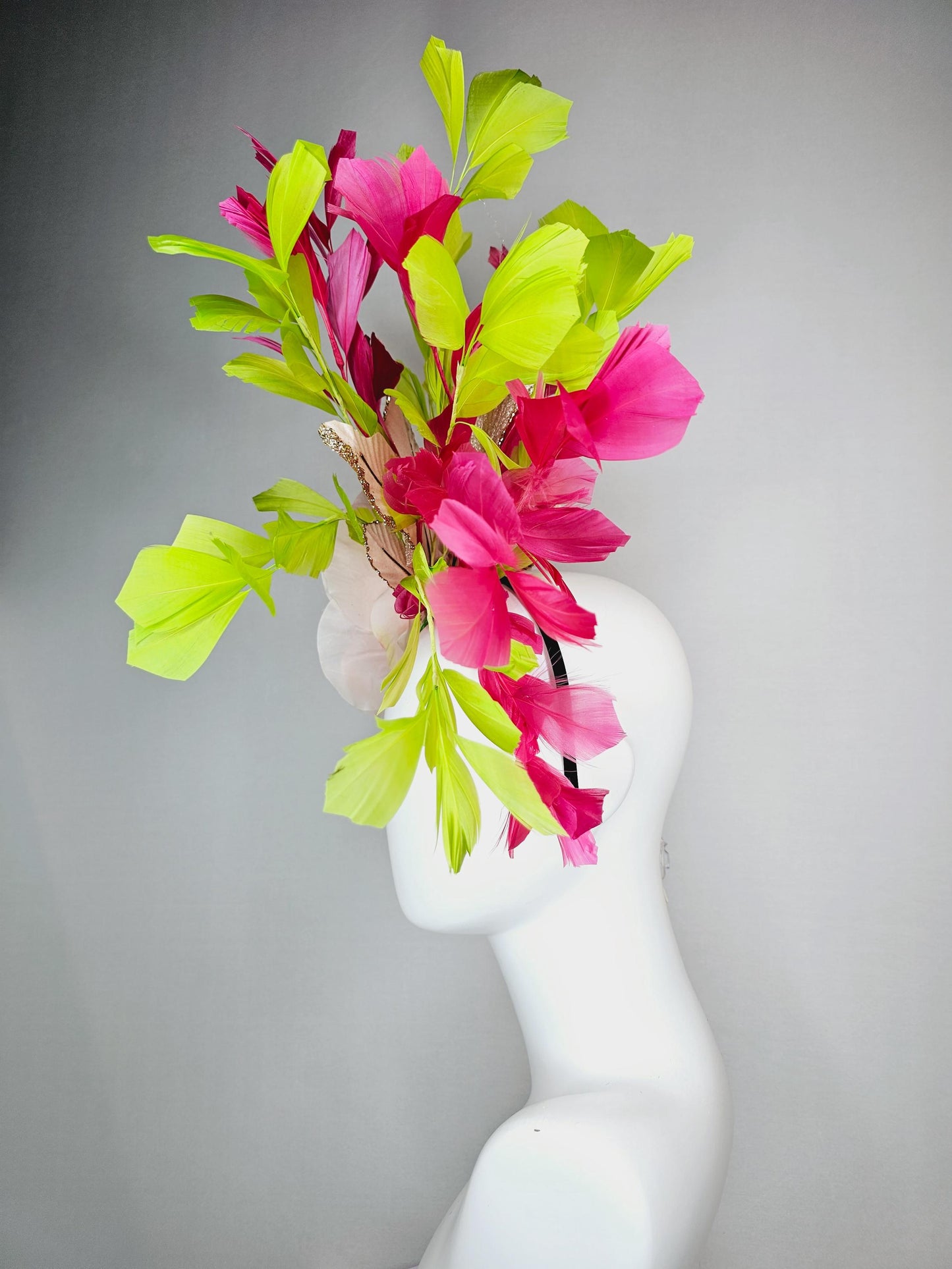 kentucky derby hat fascinator light baby pink satin rose flower with gold leaves and lime green hot pink branching feathers