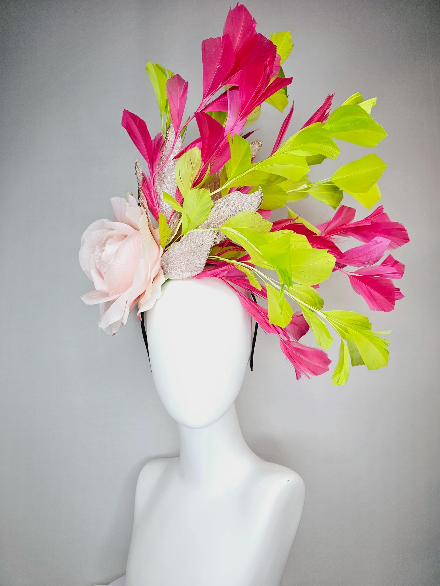 kentucky derby hat fascinator light baby pink satin rose flower with gold leaves and lime green hot pink branching feathers