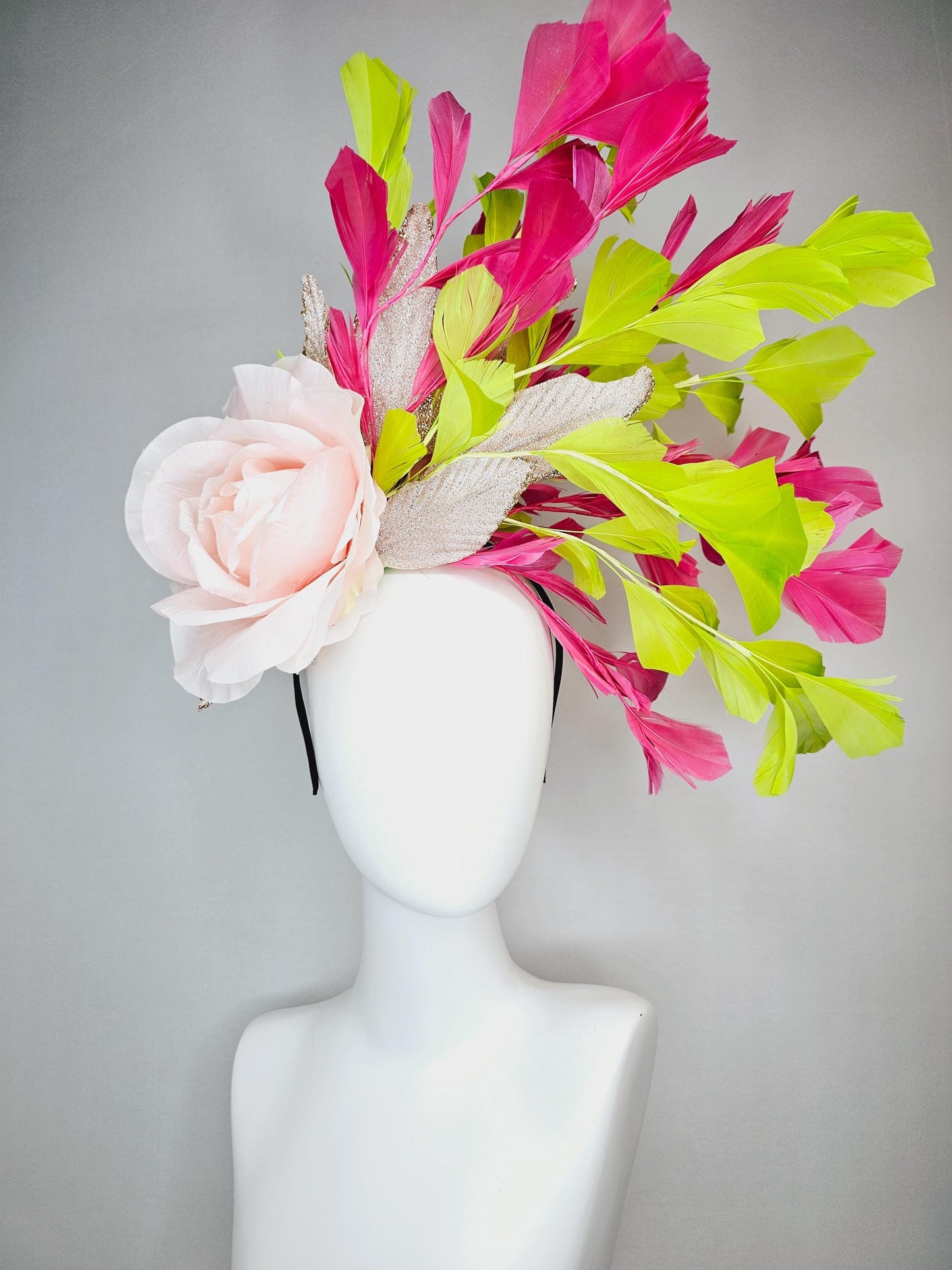 kentucky derby hat fascinator light baby pink satin rose flower with gold leaves and lime green hot pink branching feathers