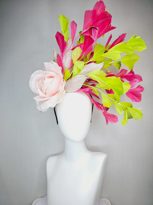 kentucky derby hat fascinator light baby pink satin rose flower with gold leaves and lime green hot pink branching feathers