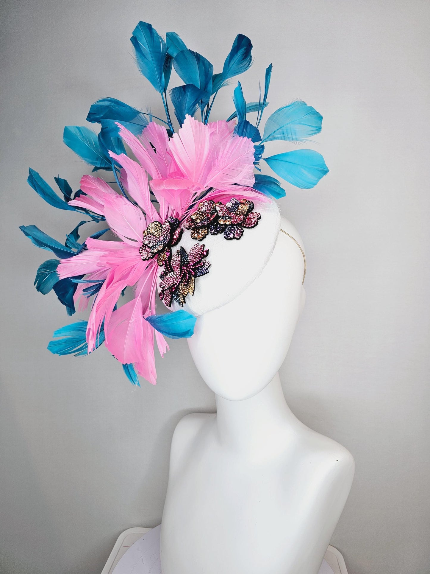 kentucky derby hat fascinator white satin with netting and yellow pink purple swarovski crystal flowers embroidered pink teal blue feathers
