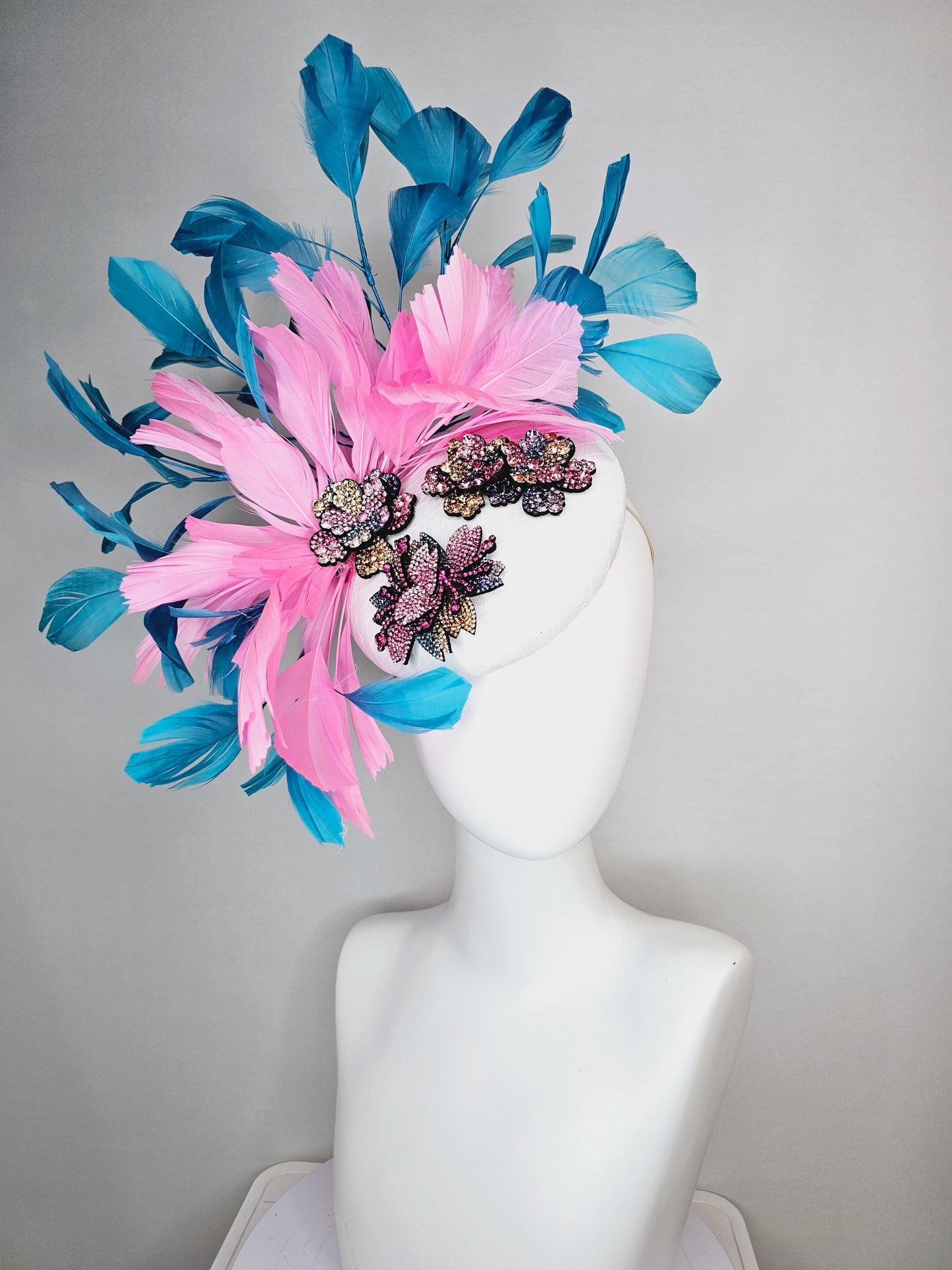 kentucky derby hat fascinator white satin with netting and yellow pink purple swarovski crystal flowers embroidered pink teal blue feathers