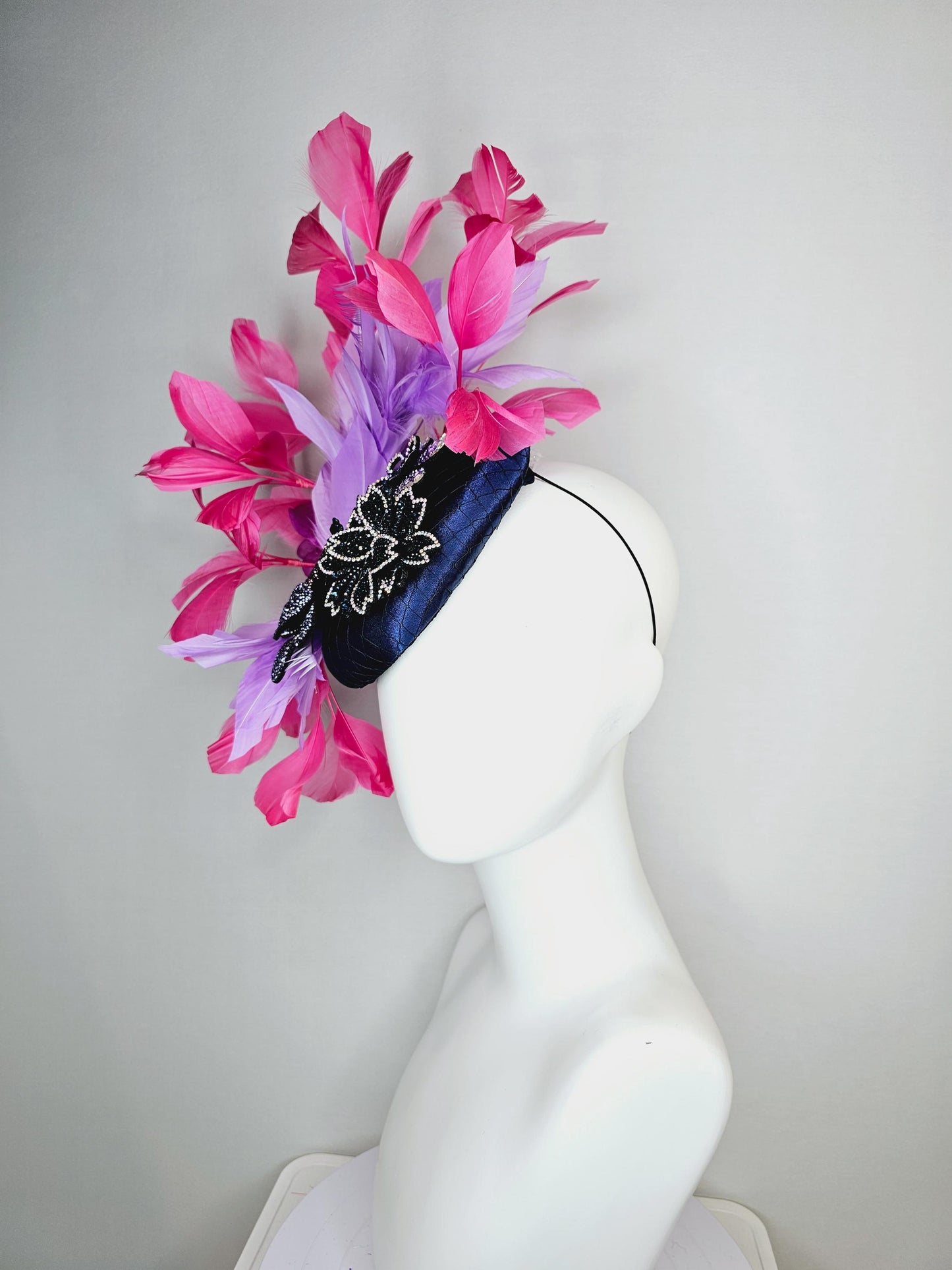 kentucky derby hat fascinator navy blue satin with netting black purple cooper crystal flowers embroidered hot pink lavender purple feathers