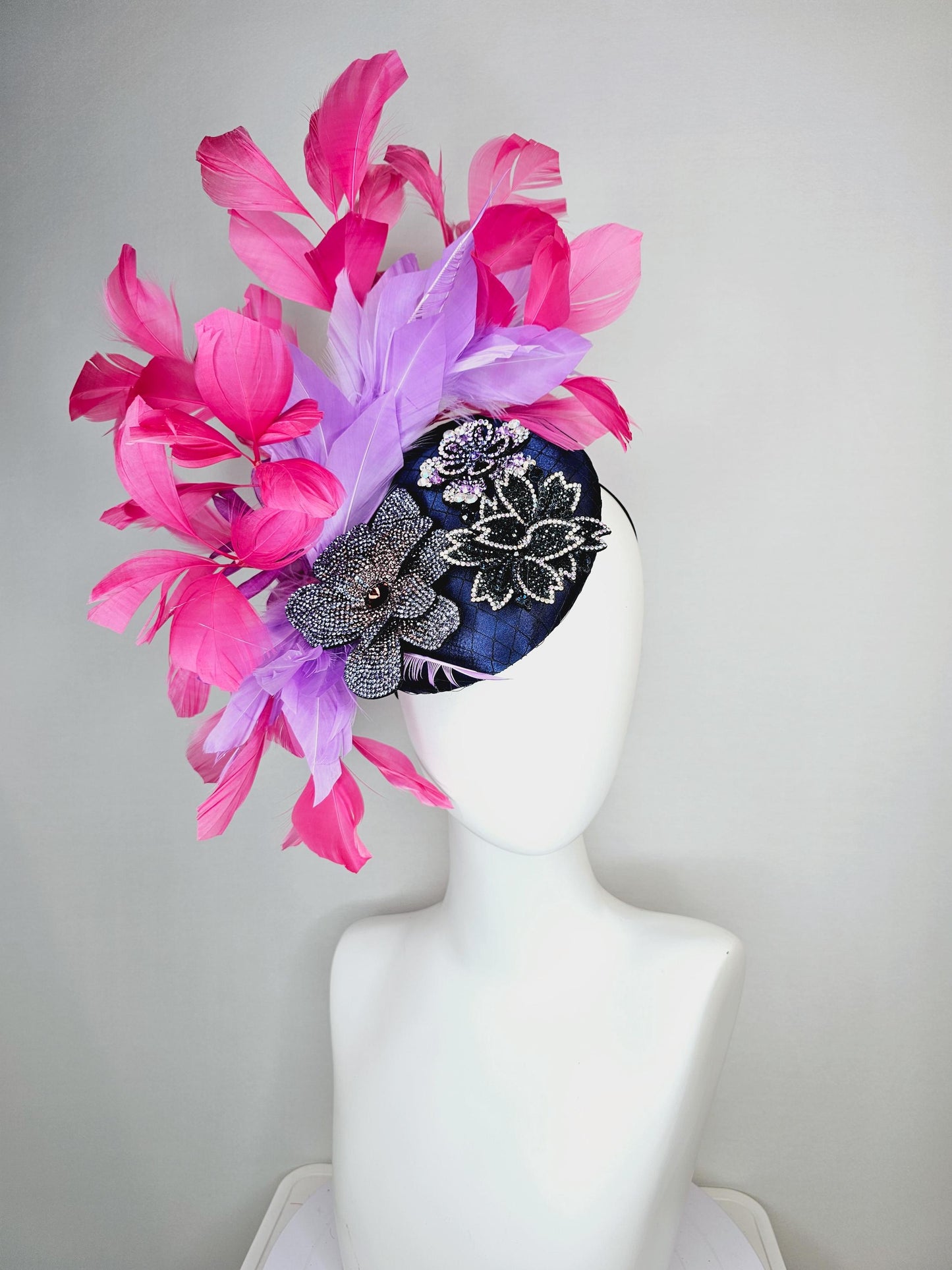 kentucky derby hat fascinator navy blue satin with netting black purple cooper crystal flowers embroidered hot pink lavender purple feathers
