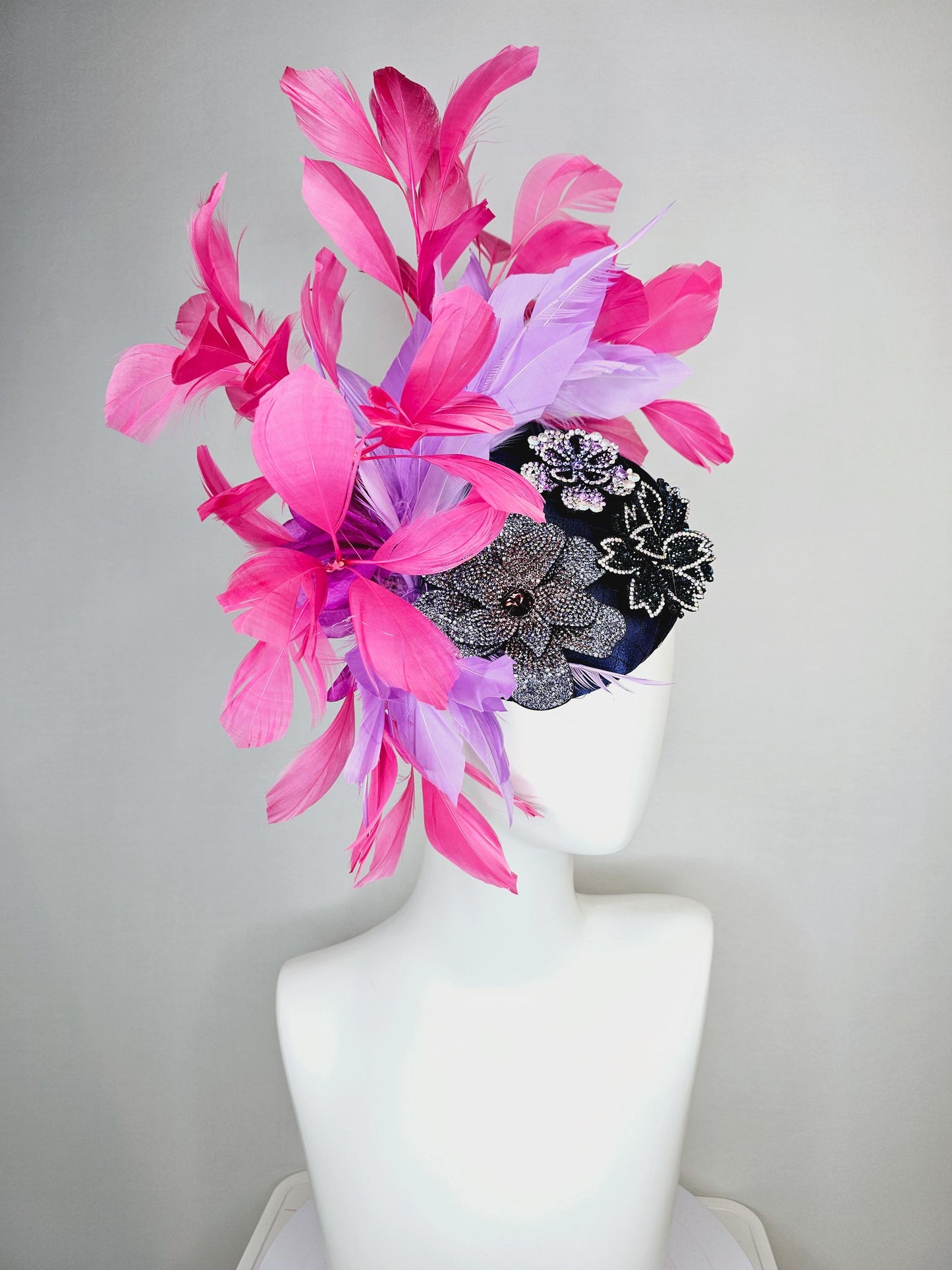 kentucky derby hat fascinator navy blue satin with netting black purple cooper crystal flowers embroidered hot pink lavender purple feathers