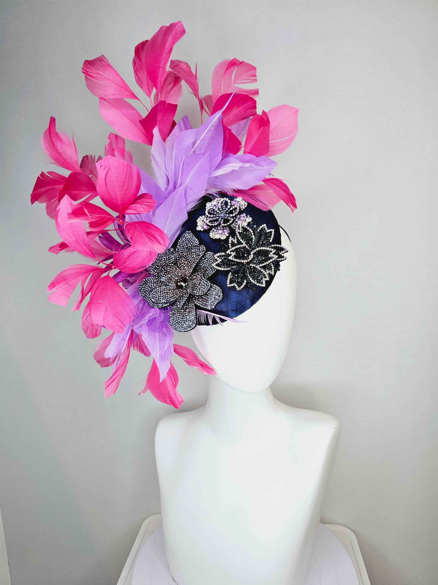 kentucky derby hat fascinator navy blue satin with netting black purple cooper crystal flowers embroidered hot pink lavender purple feathers