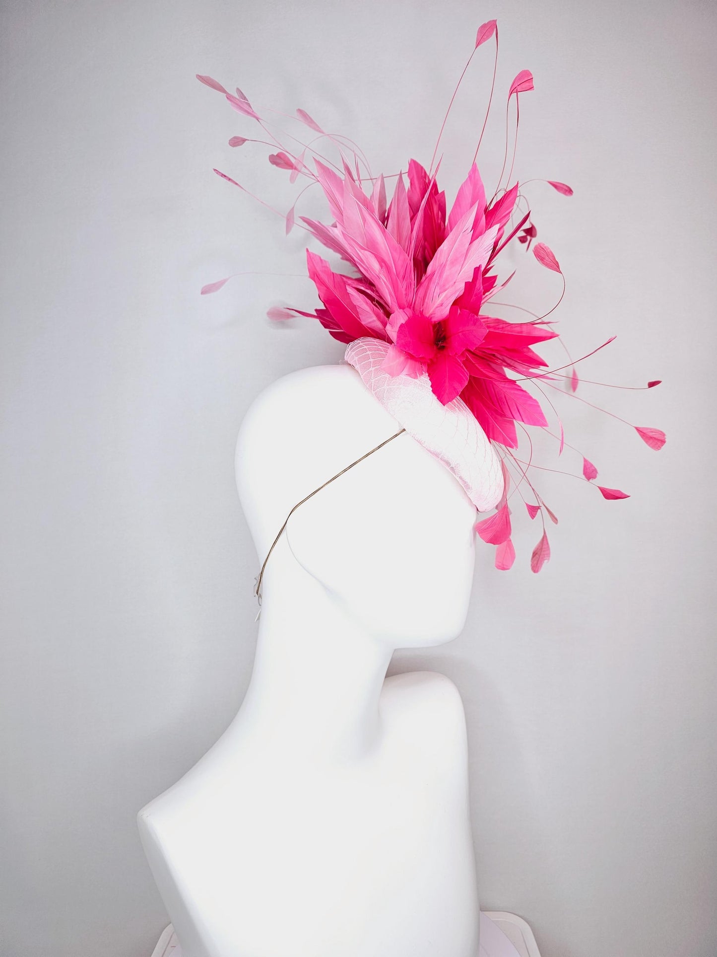 kentucky derby hat fascinator light pink satin with netting baby pink and hot bright pink fluffy feathers