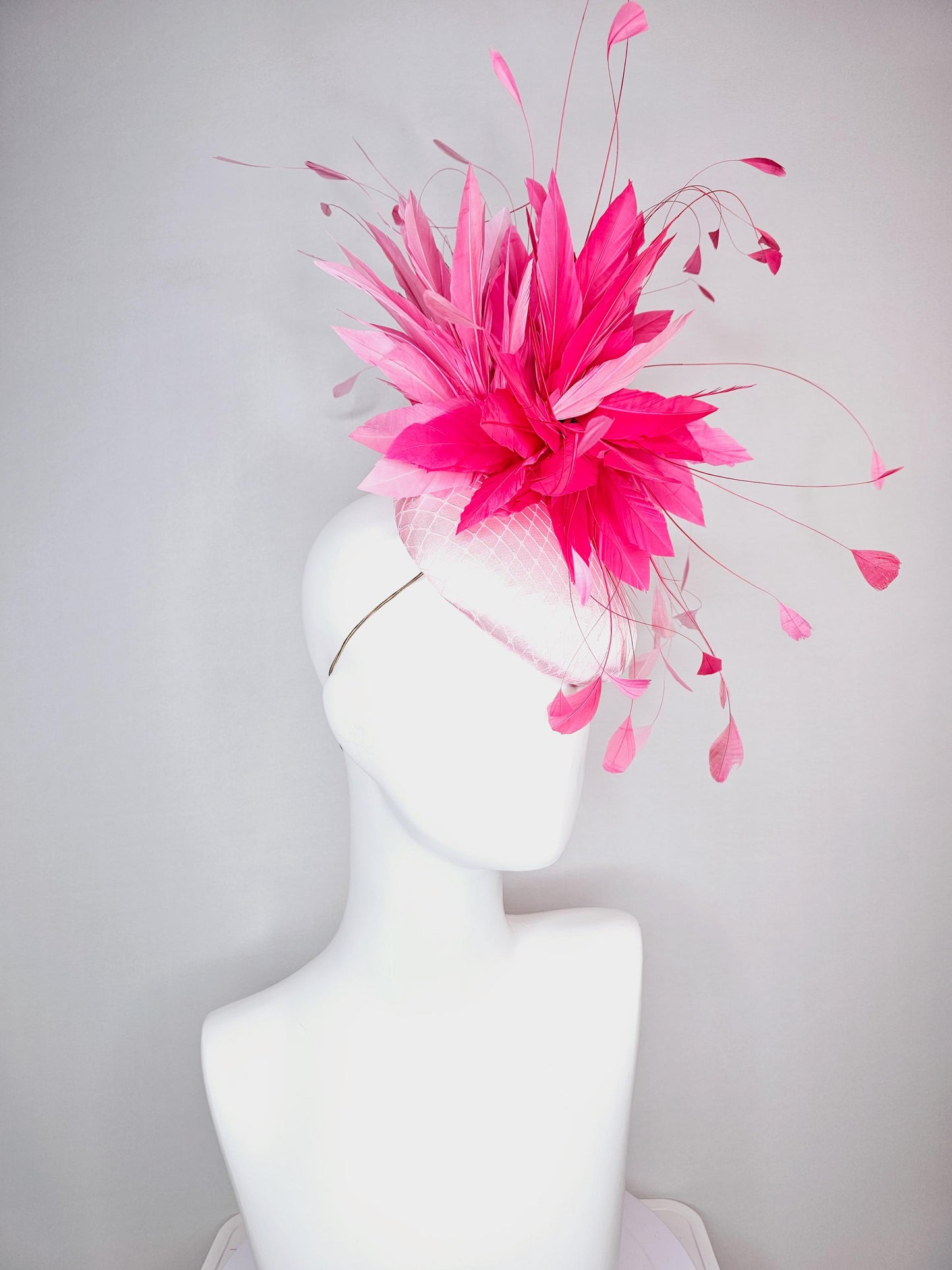 kentucky derby hat fascinator light pink satin with netting baby pink and hot bright pink fluffy feathers