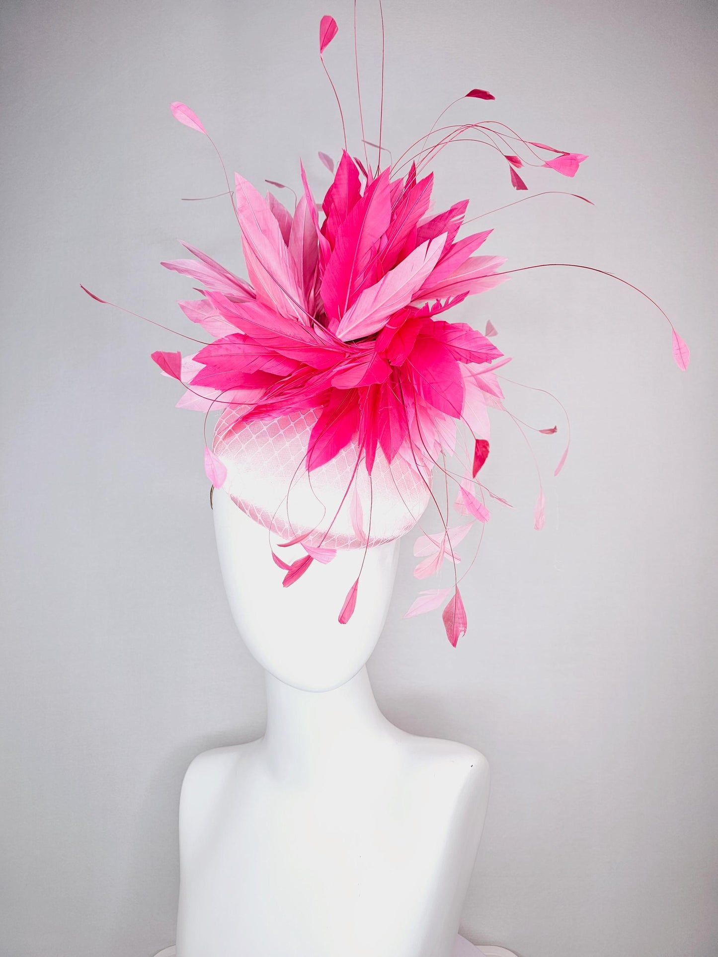 kentucky derby hat fascinator light pink satin with netting baby pink and hot bright pink fluffy feathers