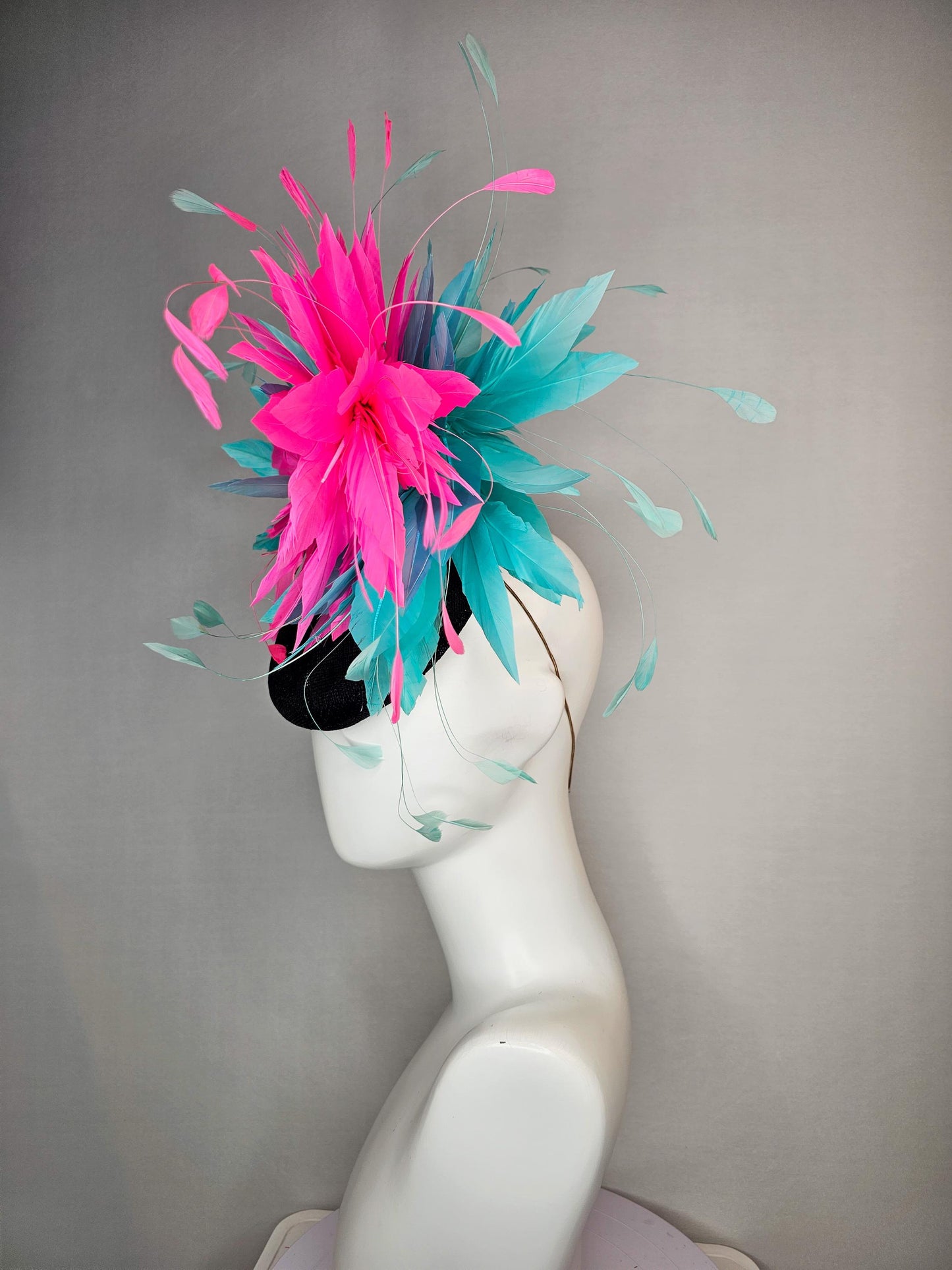 kentucky derby hat fascinator colorful black sinamay with sky aqua blue and fuchsia pink fluffy feathers