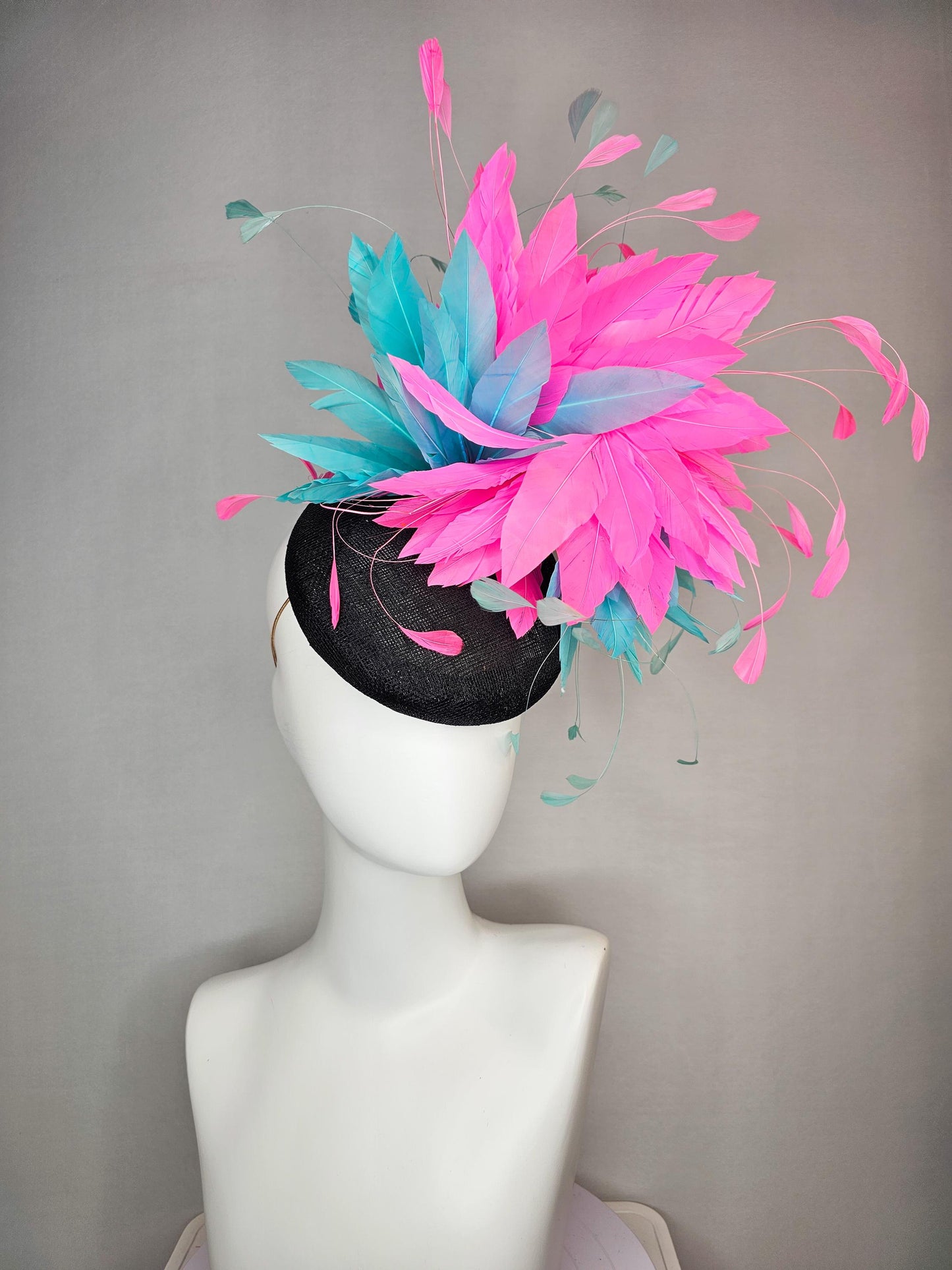 kentucky derby hat fascinator colorful black sinamay with sky aqua blue and fuchsia pink fluffy feathers