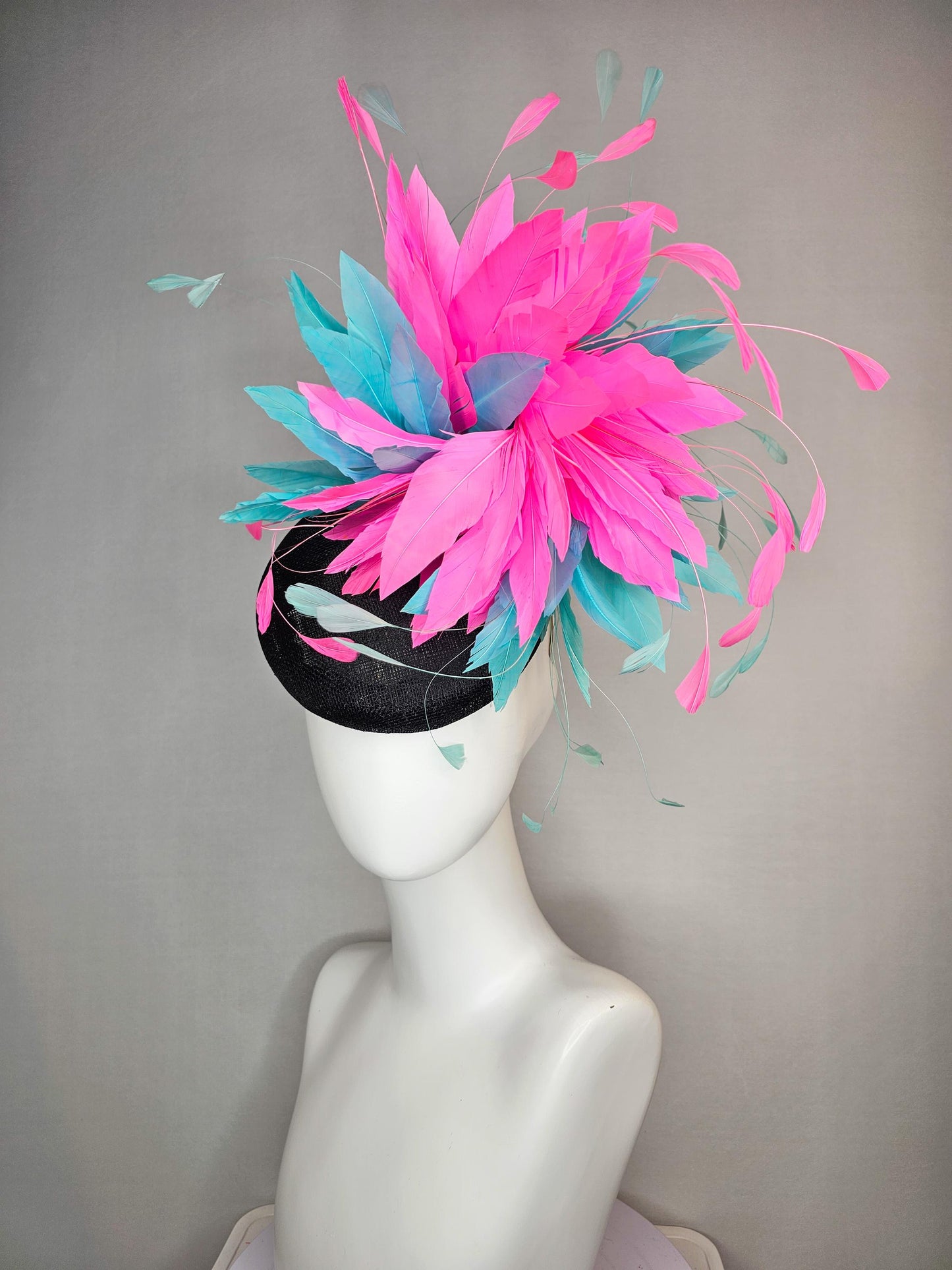 kentucky derby hat fascinator colorful black sinamay with sky aqua blue and fuchsia pink fluffy feathers