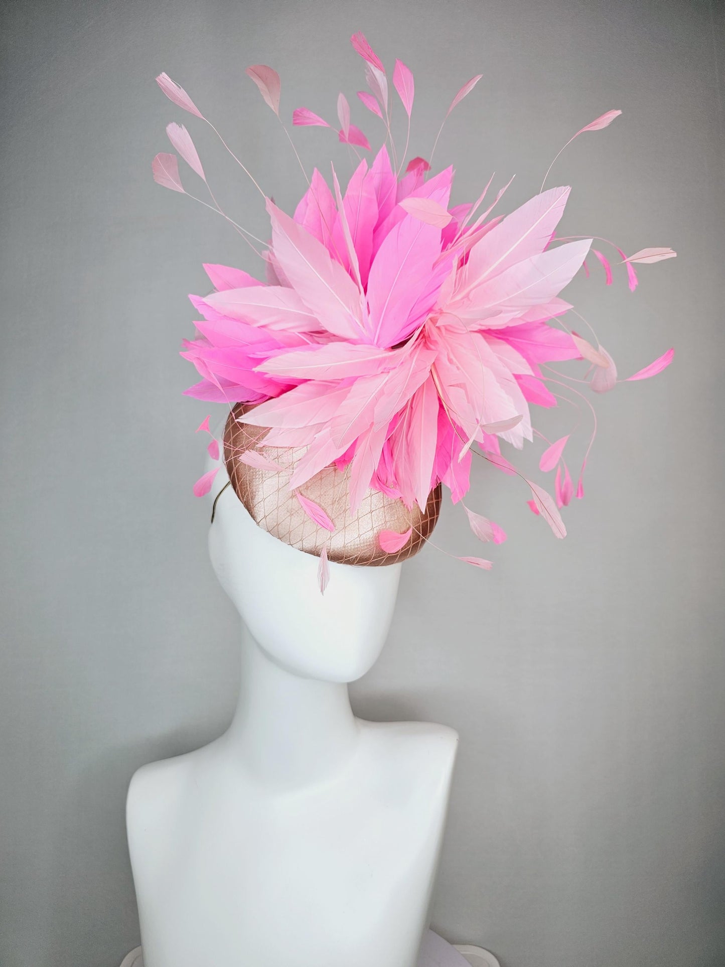 kentucky derby hat fascinator champagne beige satin with netting light baby pink and blush pink fluffy feathers