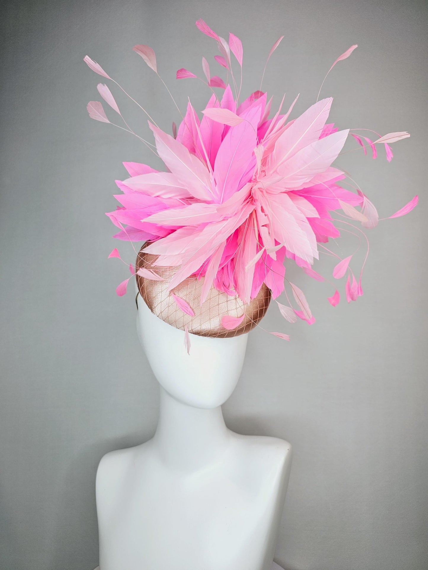 kentucky derby hat fascinator champagne beige satin with netting light baby pink and blush pink fluffy feathers