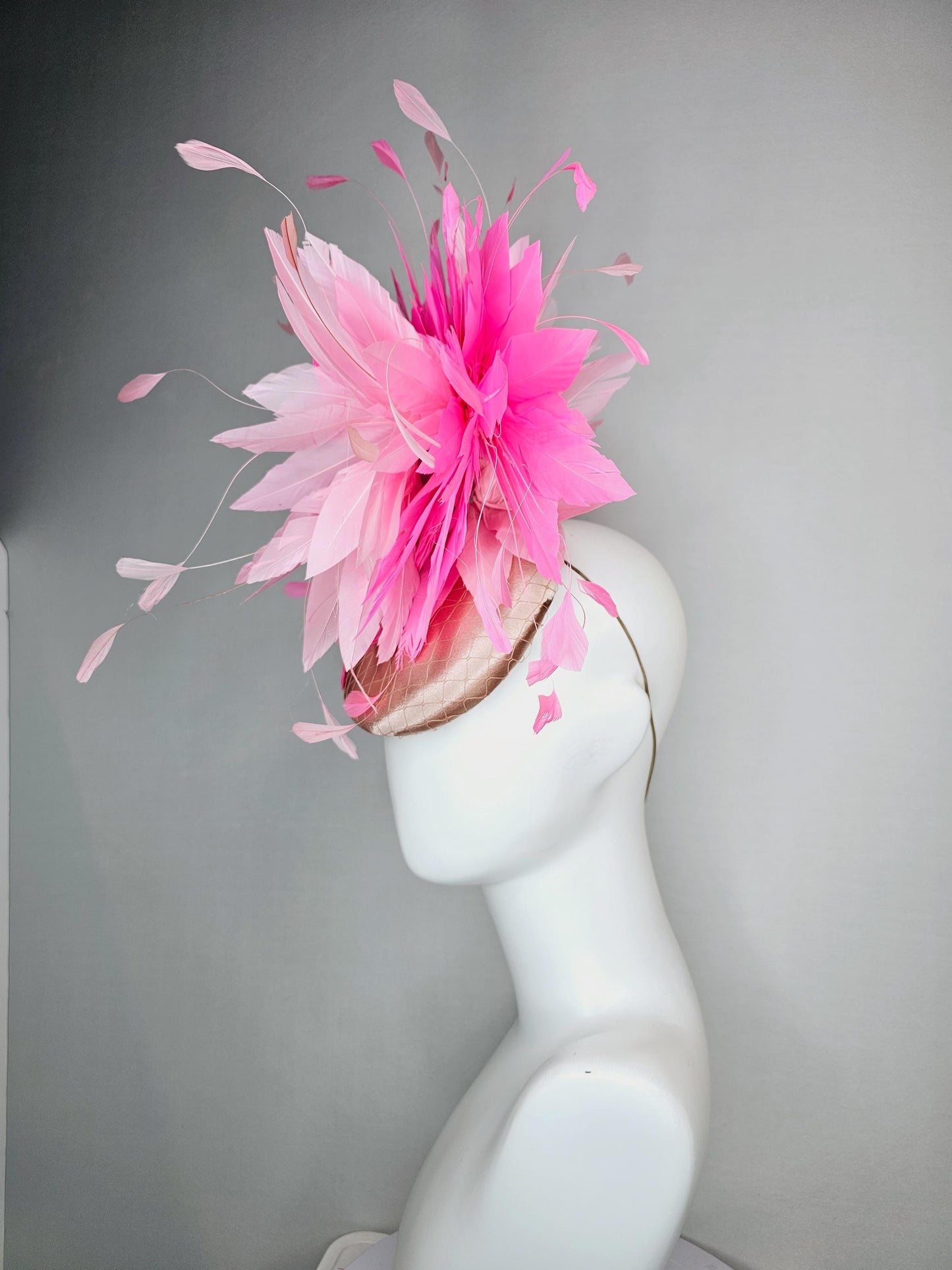 kentucky derby hat fascinator champagne beige satin with netting light baby pink and blush pink fluffy feathers