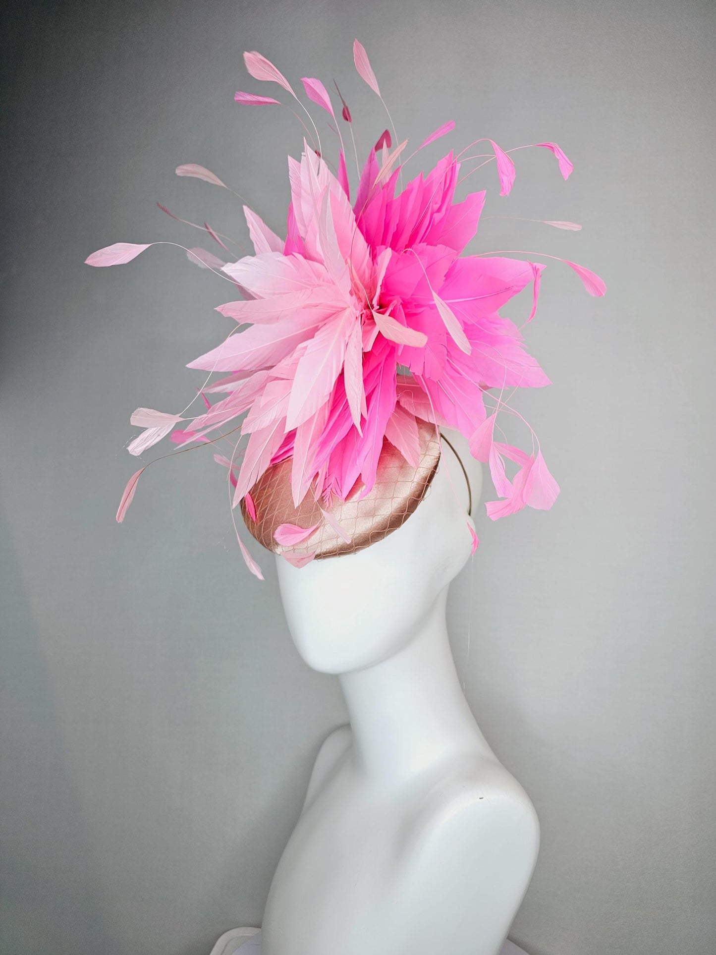 kentucky derby hat fascinator champagne beige satin with netting light baby pink and blush pink fluffy feathers