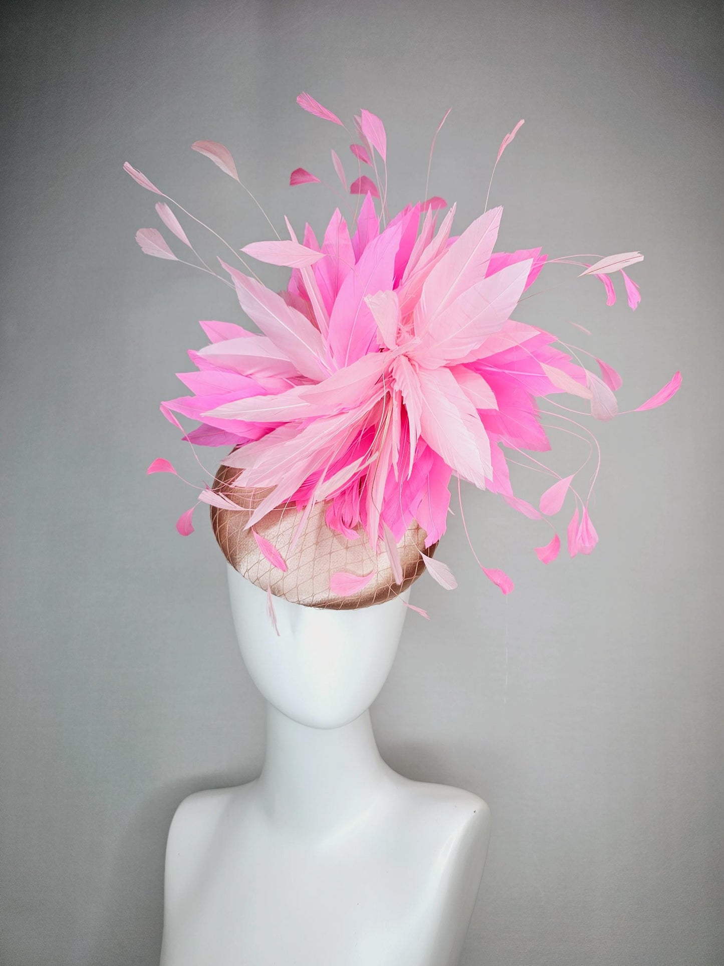 kentucky derby hat fascinator champagne beige satin with netting light baby pink and blush pink fluffy feathers