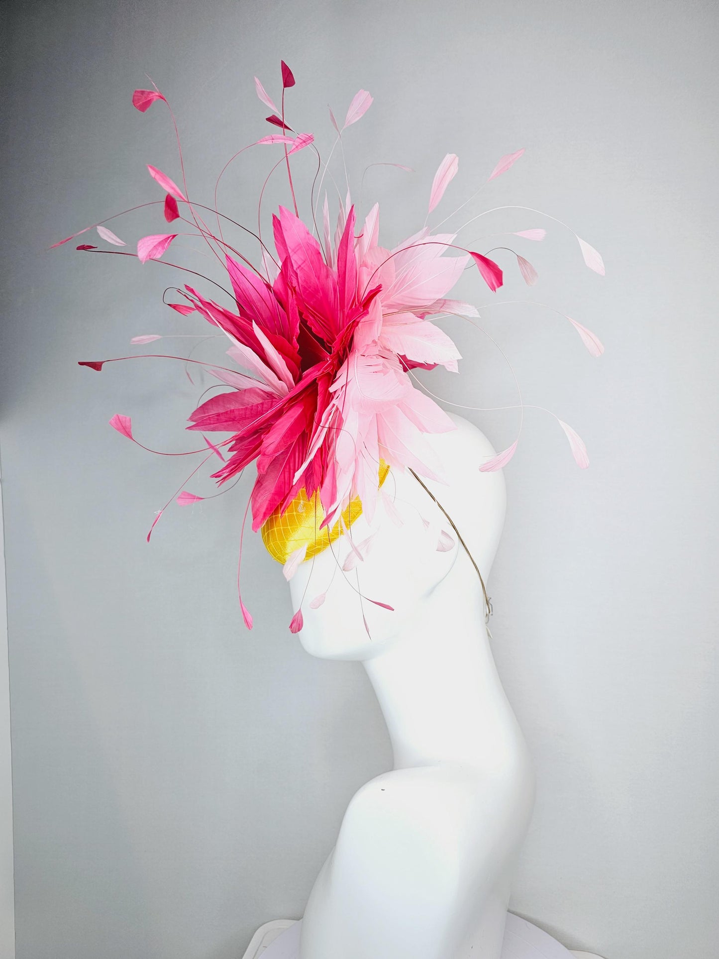 kentucky derby hat fascinator yellow satin with netting light baby pink and hot raspberry pink fluffy feathers