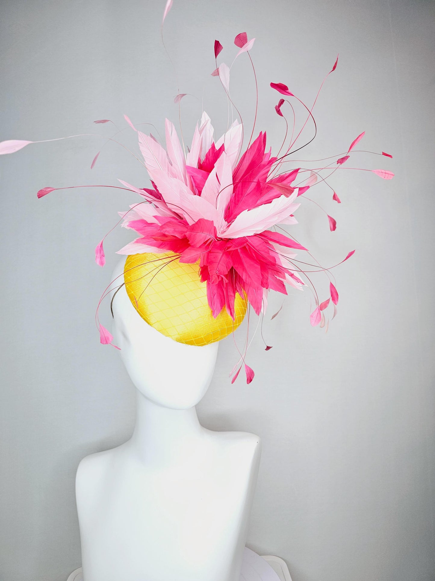 kentucky derby hat fascinator yellow satin with netting light baby pink and hot raspberry pink fluffy feathers