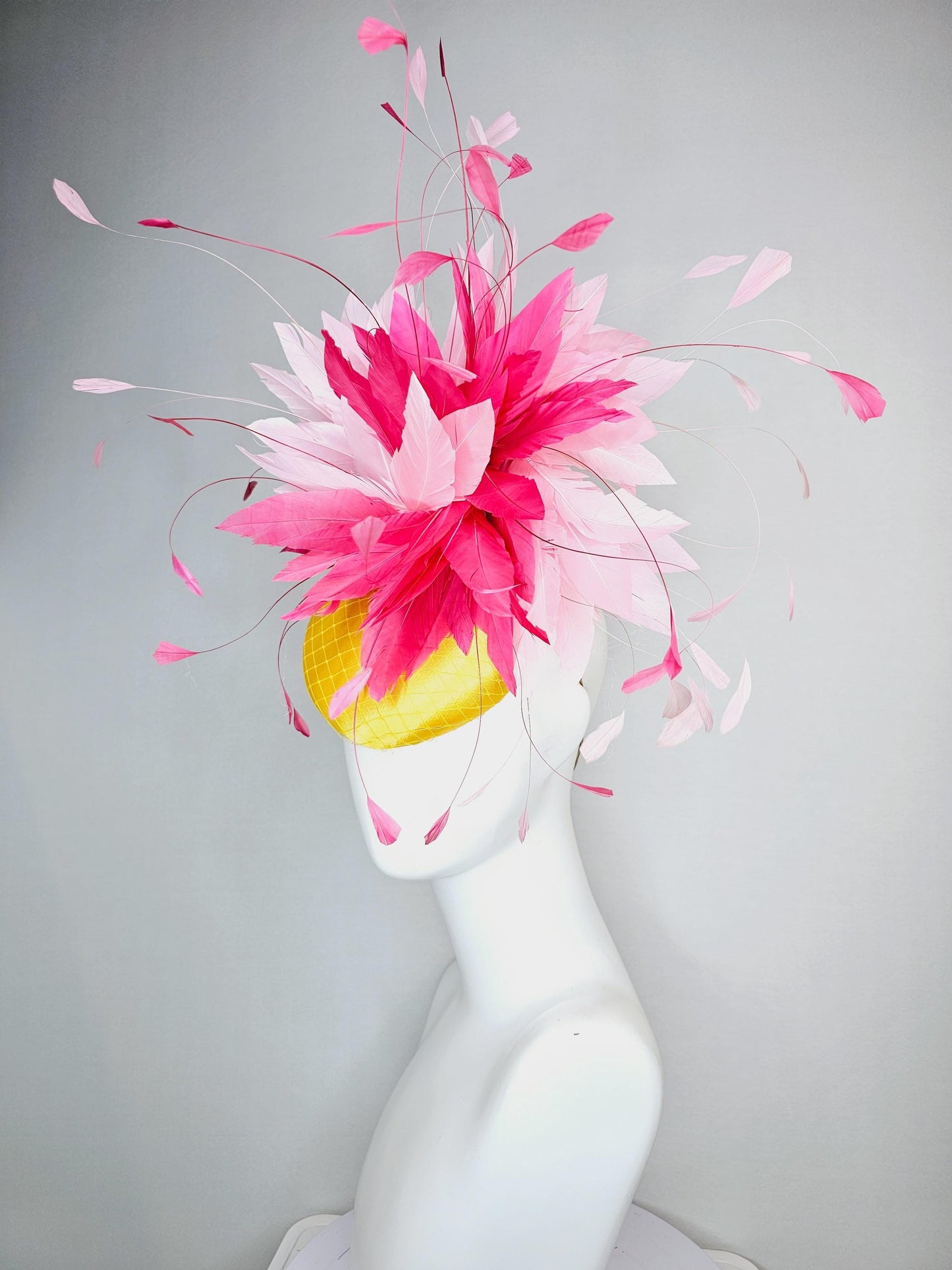 kentucky derby hat fascinator yellow satin with netting light baby pink and hot raspberry pink fluffy feathers