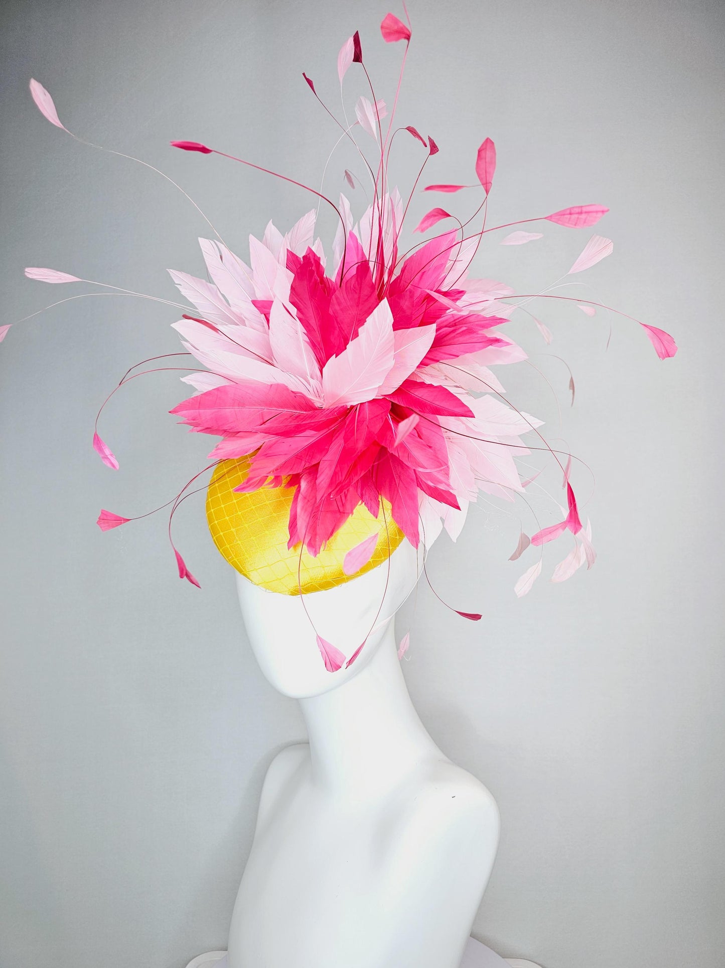 kentucky derby hat fascinator yellow satin with netting light baby pink and hot raspberry pink fluffy feathers