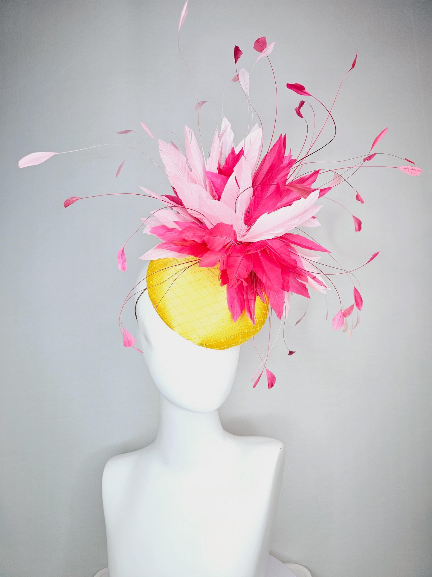 kentucky derby hat fascinator yellow satin with netting light baby pink and hot raspberry pink fluffy feathers