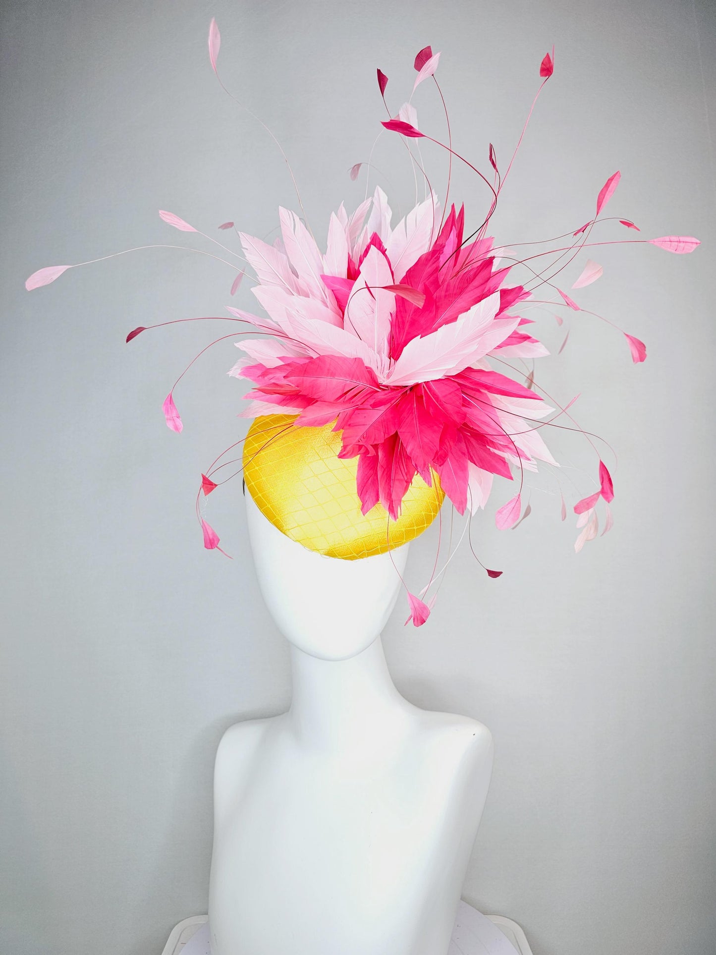 kentucky derby hat fascinator yellow satin with netting light baby pink and hot raspberry pink fluffy feathers