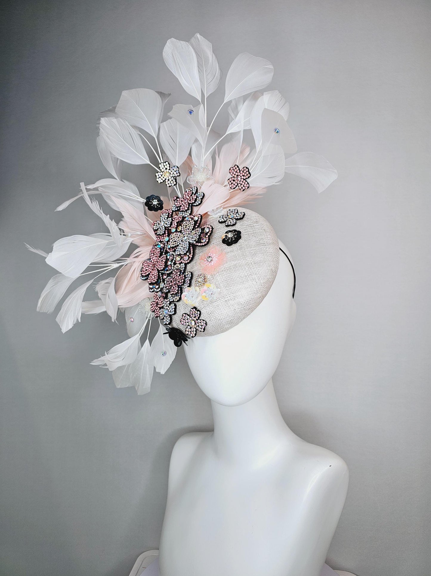 kentucky derby hat fascinator white sinamay with light pink iridescent swarovski crystal and black sequin flowers baby pink white feathers